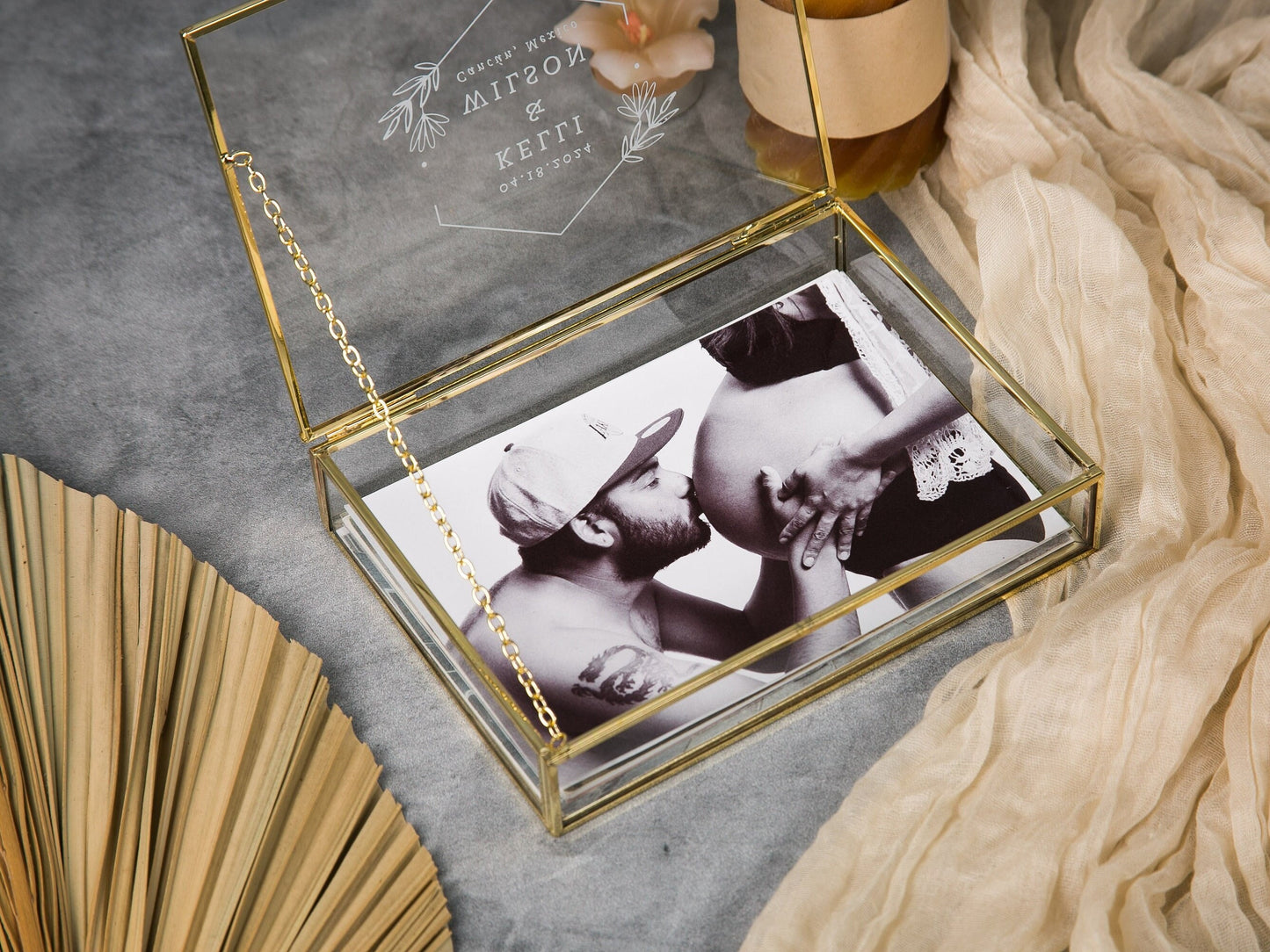 5x7" Gold Glass Photo Box - Optional Photo Mats, Picture Box, Box for Engagement Wedding Photography Gift Family Photo Box BFF Romantic Gift