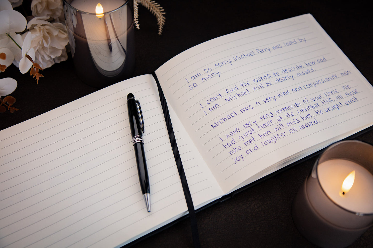 Funeral Guest Book (Design 2 - Ready To Ship) - Silver Embossed Black Guestbook w/ Pen & Photo Stickers Guest Registry for Memorial Service