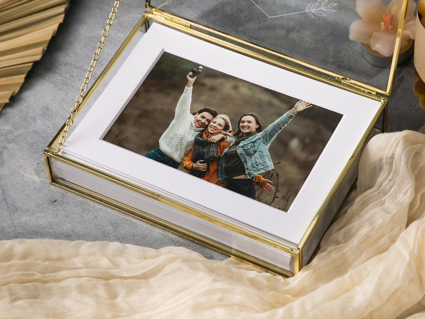 5x7" Gold Glass Photo Box - Optional Photo Mats, Picture Box, Box for Engagement Wedding Photography Gift Family Photo Box BFF Romantic Gift
