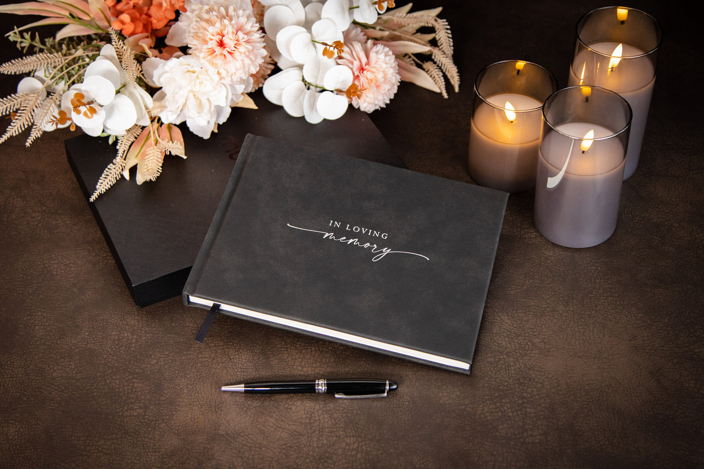 Funeral Guest Book (Design 2 - Ready To Ship) - Silver Embossed Black Guestbook w/ Pen & Photo Stickers Guest Registry for Memorial Service
