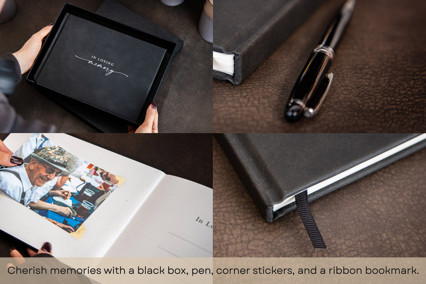Funeral Guest Book (Design 2 - Ready To Ship) - Silver Embossed Black Guestbook w/ Pen & Photo Stickers Guest Registry for Memorial Service