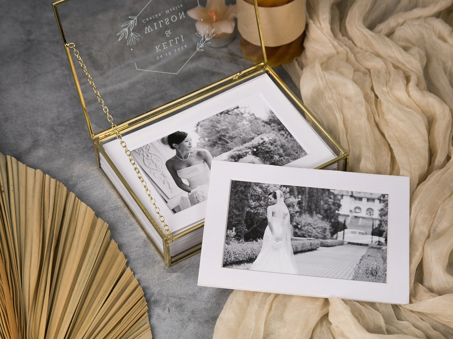 5x7" Gold Glass Photo Box - Optional Photo Mats, Picture Box, Box for Engagement Wedding Photography Gift Family Photo Box BFF Romantic Gift