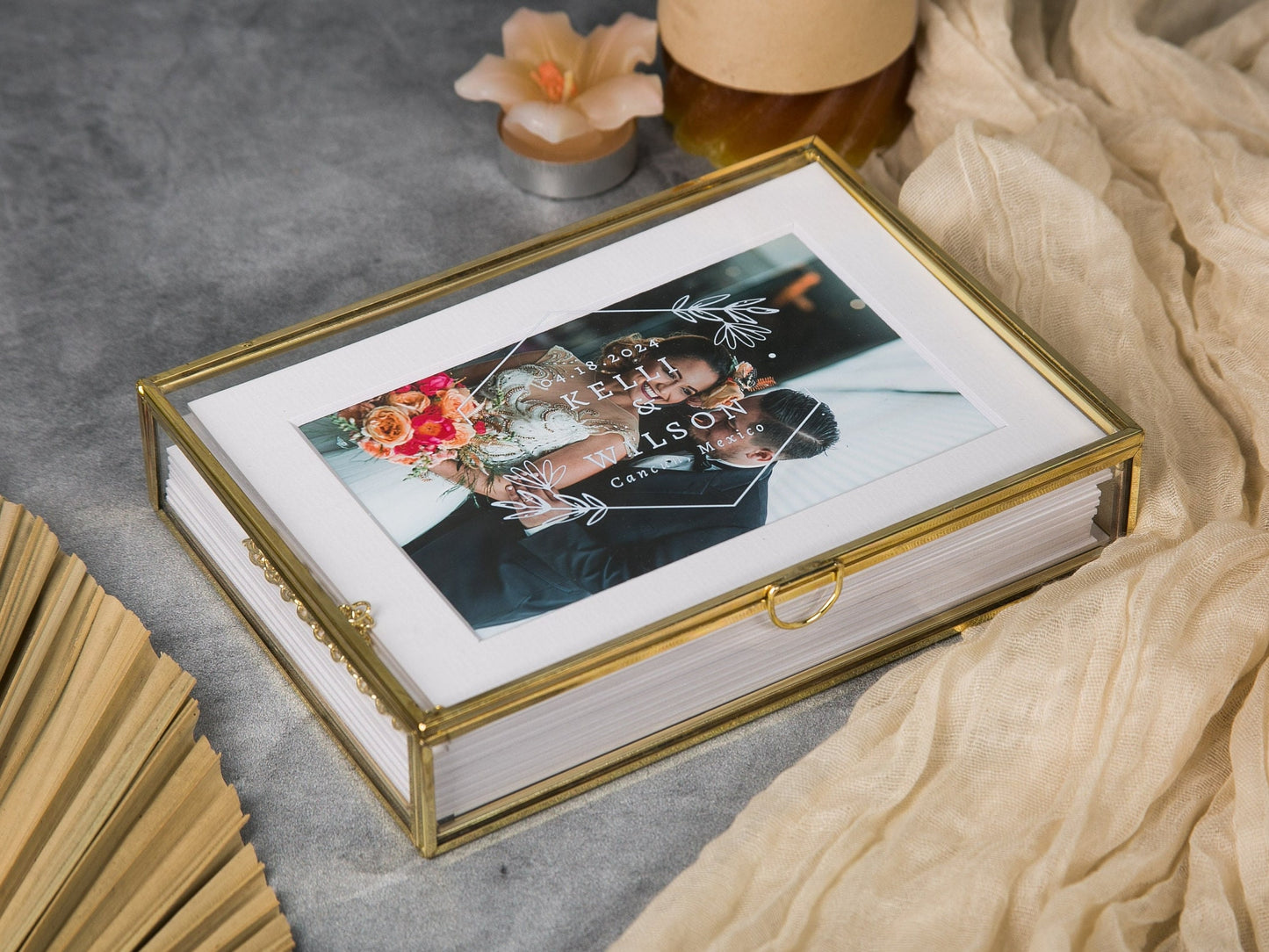 5x7" Gold Glass Photo Box - Optional Photo Mats, Picture Box, Box for Engagement Wedding Photography Gift Family Photo Box BFF Romantic Gift