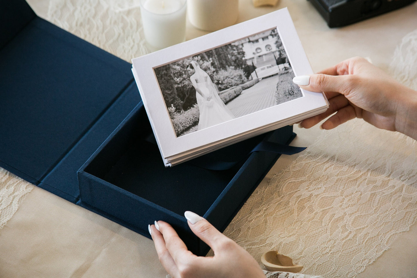 5x7" Embossed Linen Photo Box - Photo Mats Optional, Print Storage, Wedding Day Couple Gifts Groom Bride, 4th Year Linen Anniversary Gift