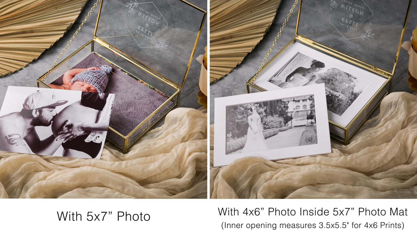 5x7" Gold Glass Photo Box - Optional Photo Mats, Picture Box, Box for Engagement Wedding Photography Gift Family Photo Box BFF Romantic Gift