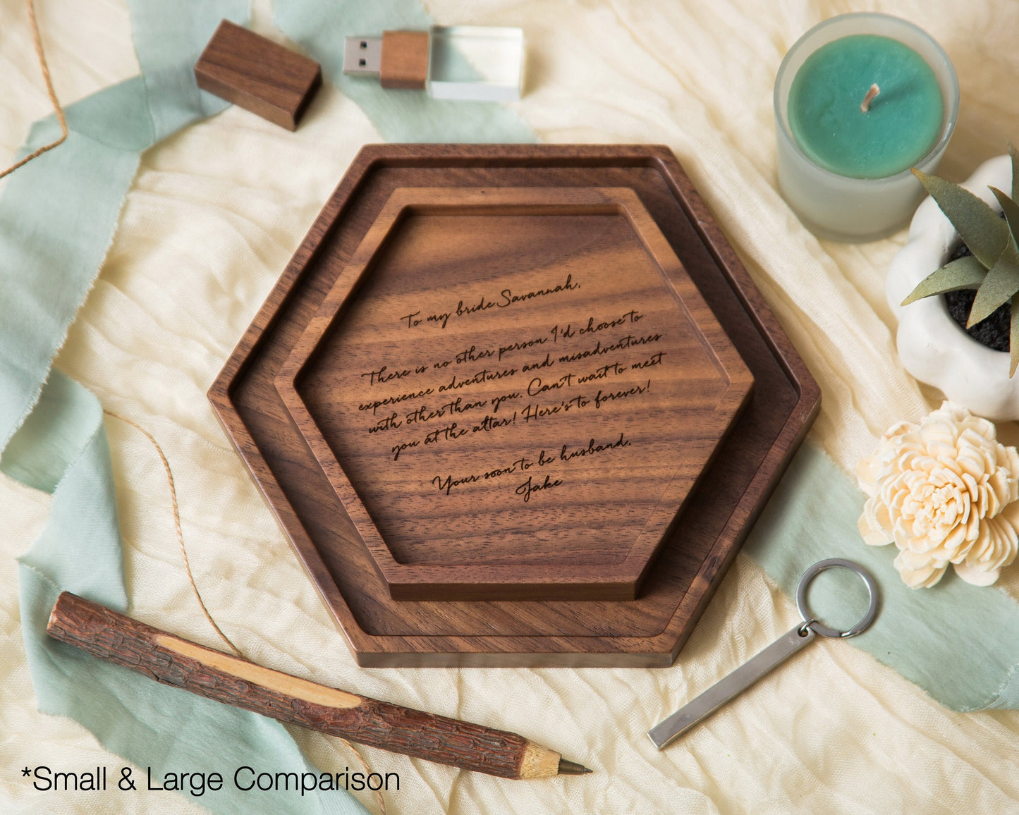 Hexagon Wood Tray - Ring Dish Key Coin Change Entryway Tray 5th Wooden Anniversary Gift for Wife Husband Custom Gift for Dad Dorm Room Decor