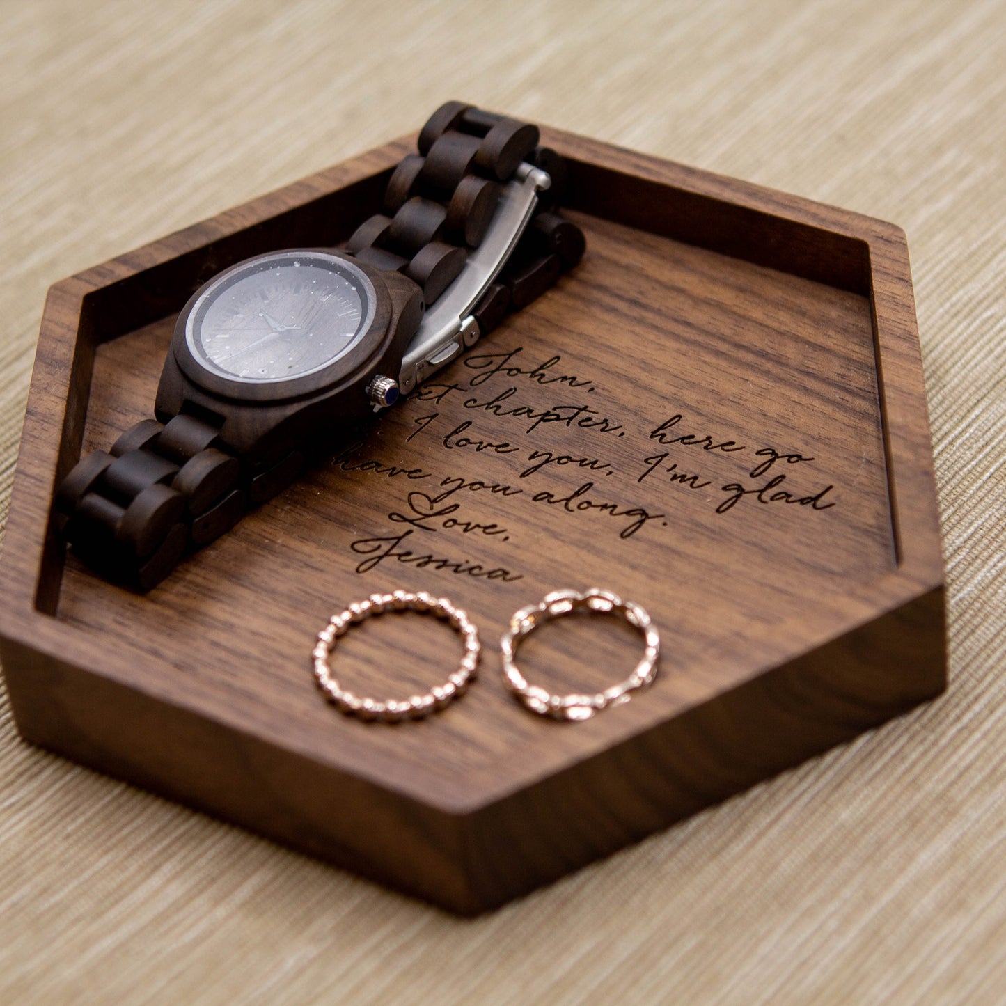 Hexagon Wood Tray - Ring Dish Key Coin Change Entryway Tray 5th Wooden Anniversary Gift for Wife Husband Custom Gift for Dad Dorm Room Decor
