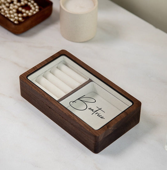 Wood Jewelry Box w/ Glass Lid (Design 5 Black) - Personalized Women's Ring Earrings Bracelet Necklace Case Storage Holder Cute Birthday Gift