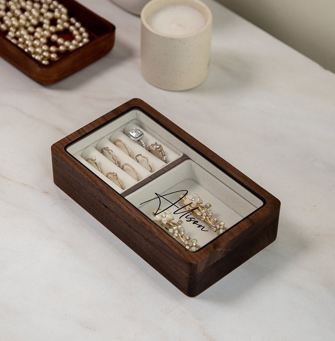 Wood Jewelry Box w/ Glass Lid (Design 5 Black) - Personalized Women's Ring Earrings Bracelet Necklace Case Storage Holder Cute Birthday Gift