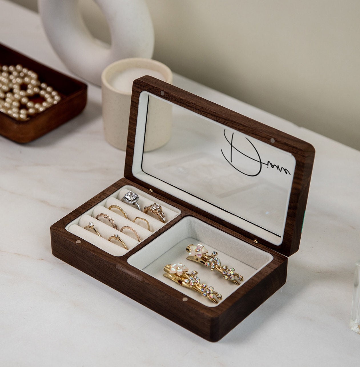 Wood Jewelry Box w/ Glass Lid (Design 5 Black) - Personalized Women's Ring Earrings Bracelet Necklace Case Storage Holder Cute Birthday Gift