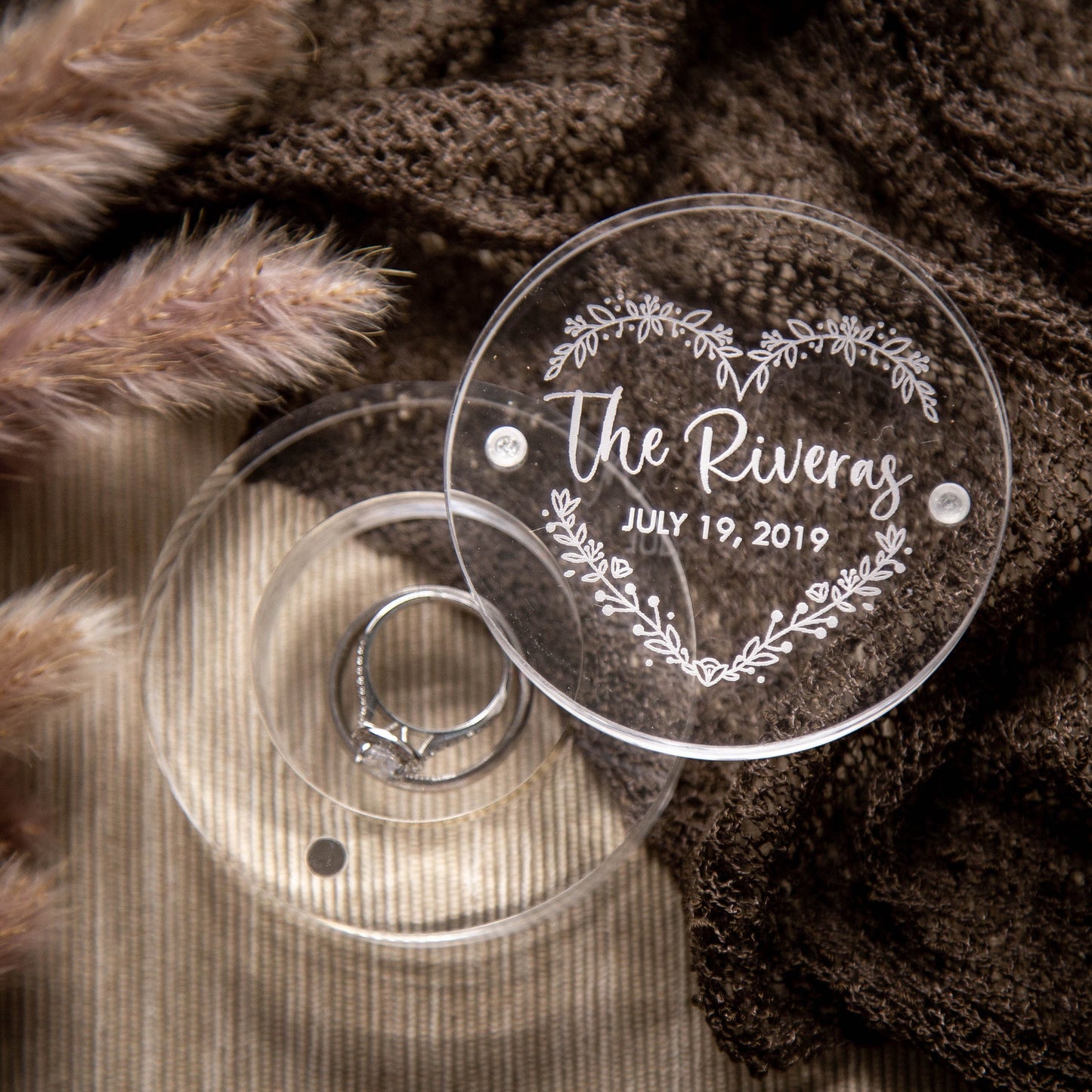 Clear Round Ring Box - Engraved Acrylic Wedding Ring Bearer Box, Engagement Proposal Ring Storage, Modern Ring Dish, Unique Gift for her