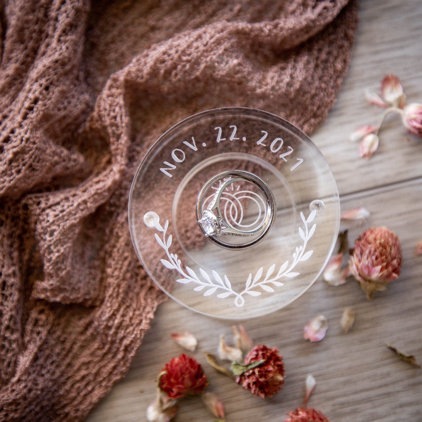 Clear Round Ring Box - Engraved Acrylic Wedding Ring Bearer Box, Engagement Proposal Ring Storage, Modern Ring Dish, Unique Gift for her