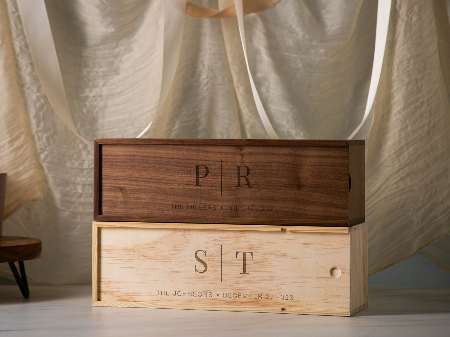 Wood Wine Box (Design 12) - Walnut or Pine Box for Wine Champagne Holder, Romantic Gift for Husband Wife, Unique Gift for Him Honeymoon Gift
