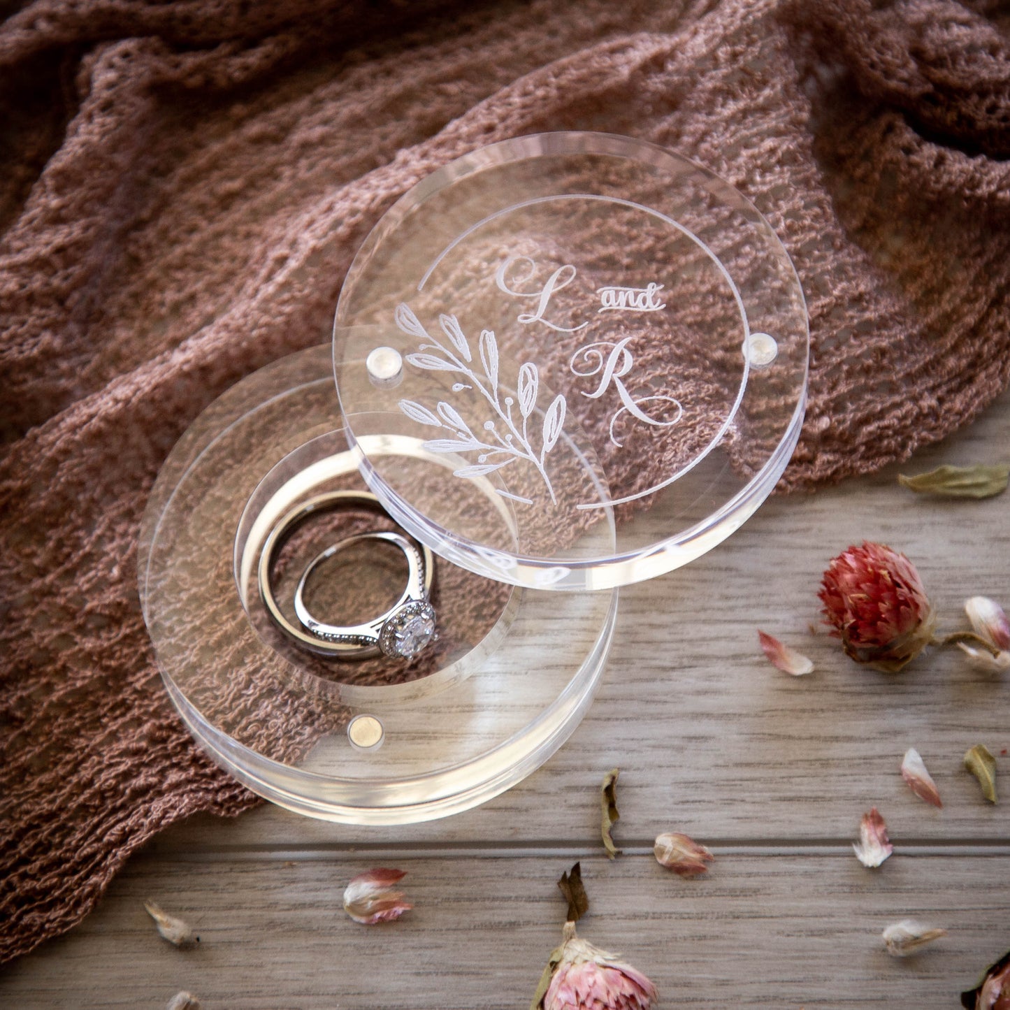 Clear Round Ring Box - Engraved Acrylic Wedding Ring Bearer Box, Engagement Proposal Ring Storage, Modern Ring Dish, Unique Gift for her