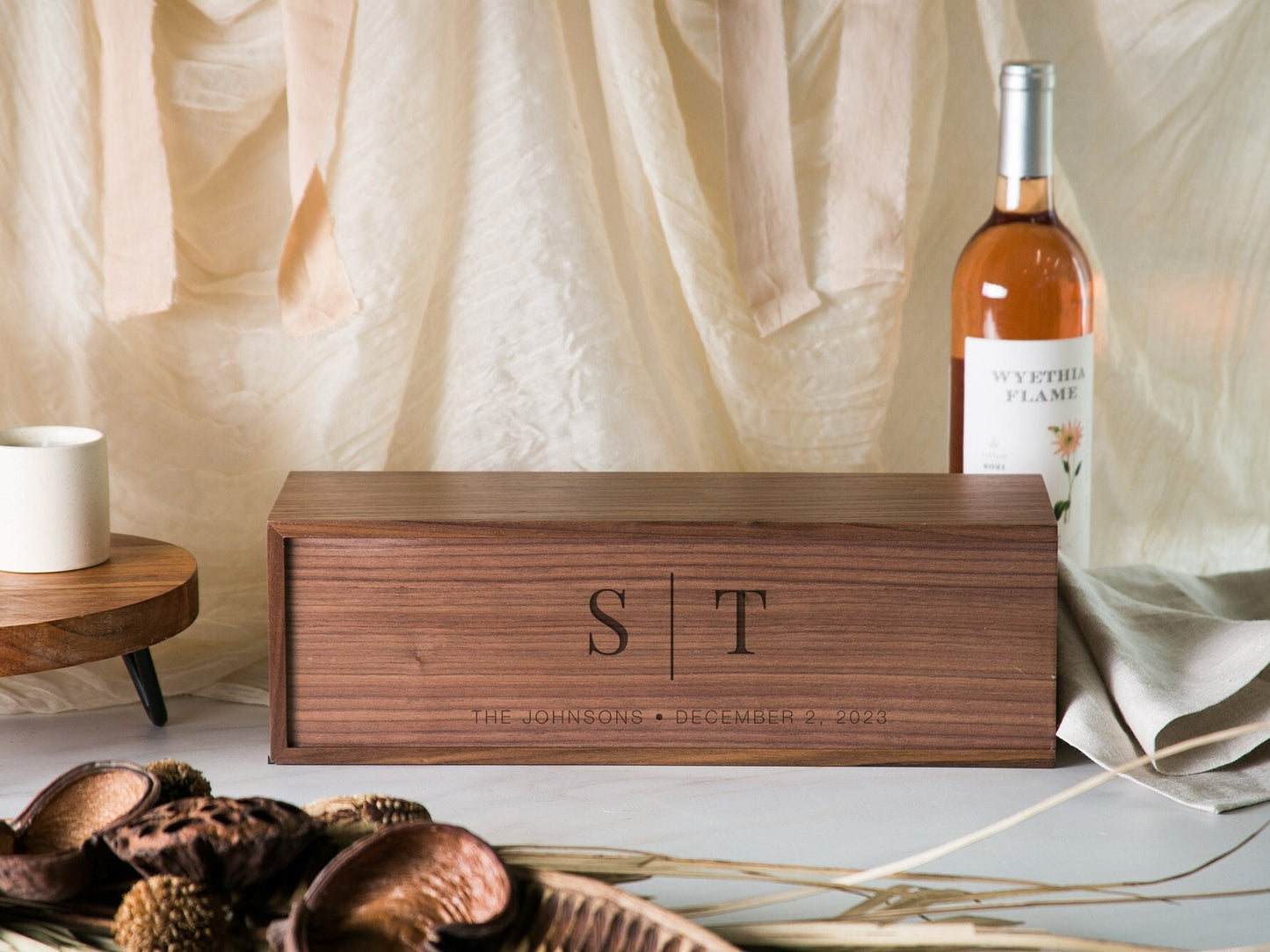 Wood Wine Box (Design 12) - Walnut or Pine Box for Wine Champagne Holder, Romantic Gift for Husband Wife, Unique Gift for Him Honeymoon Gift