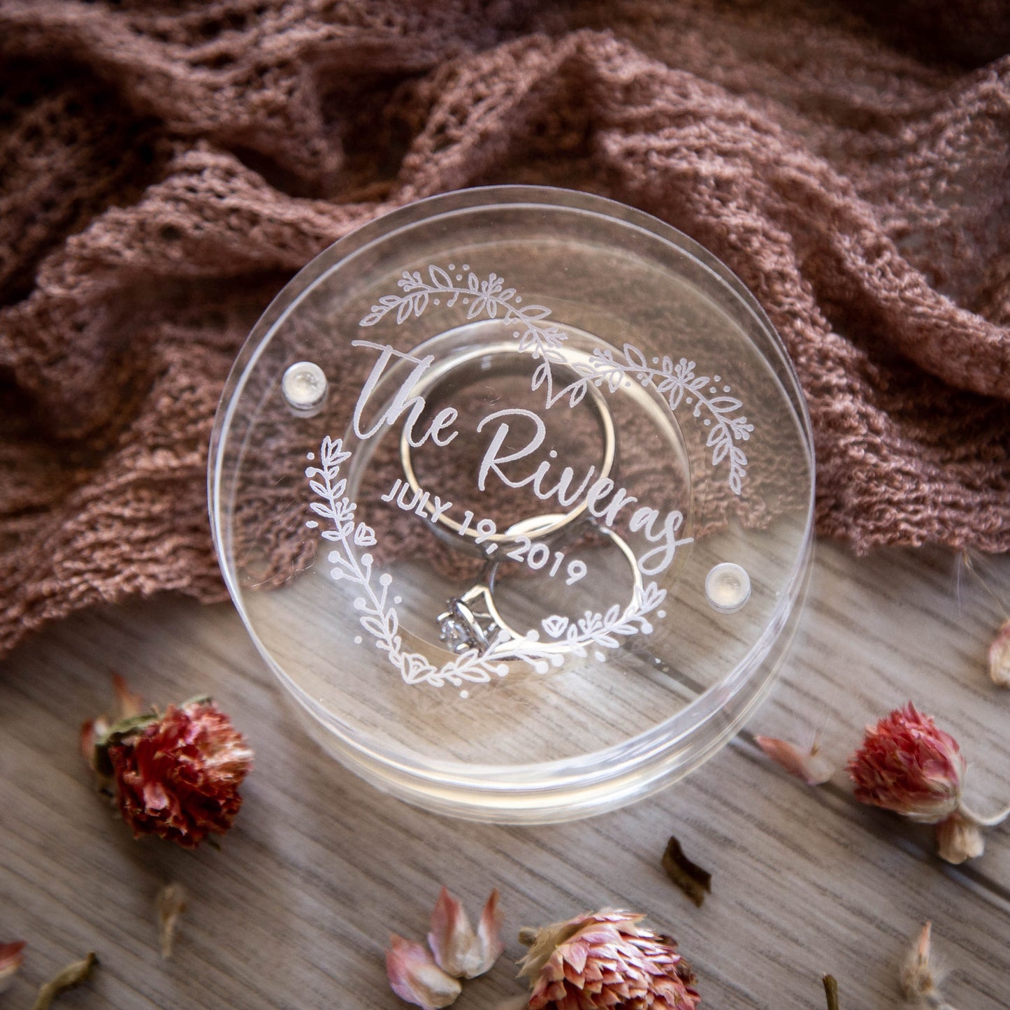 Clear Round Ring Box - Engraved Acrylic Wedding Ring Bearer Box, Engagement Proposal Ring Storage, Modern Ring Dish, Unique Gift for her