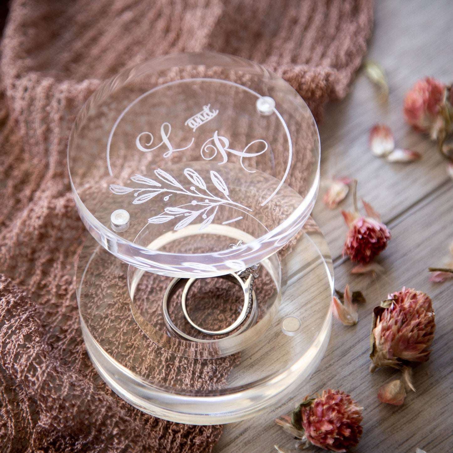 Clear Round Ring Box - Engraved Acrylic Wedding Ring Bearer Box, Engagement Proposal Ring Storage, Modern Ring Dish, Unique Gift for her