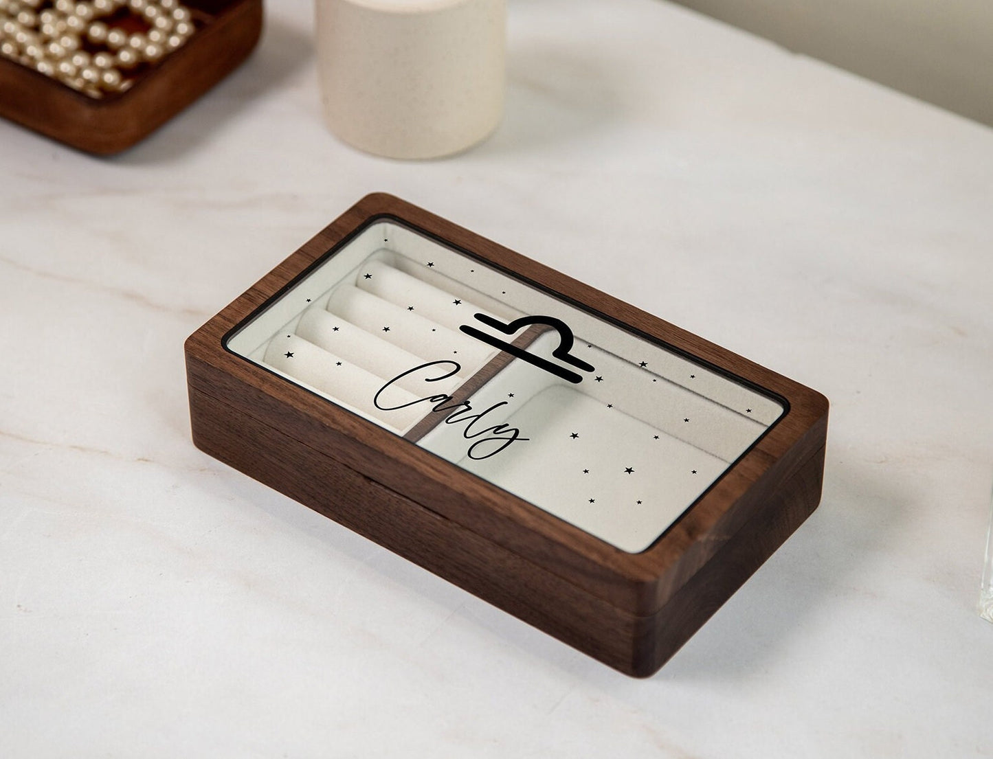 Wood Jewelry Box w/ Glass Lid (Design 3 Black) - Custom Zodiac Horoscope Constellation Sign Unique Birthday Gift for Astrology Enthusiast