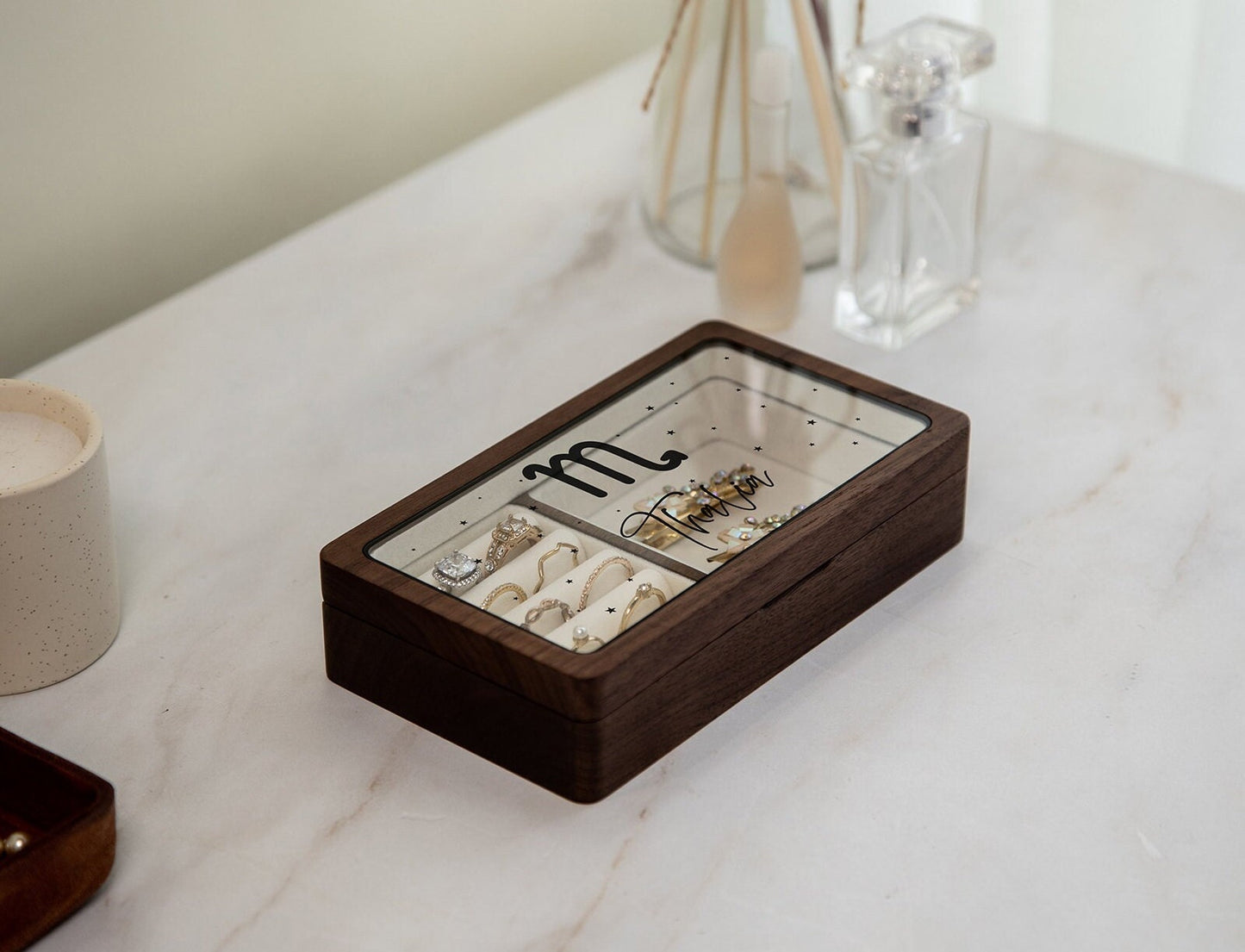 Wood Jewelry Box w/ Glass Lid (Design 3 Black) - Custom Zodiac Horoscope Constellation Sign Unique Birthday Gift for Astrology Enthusiast