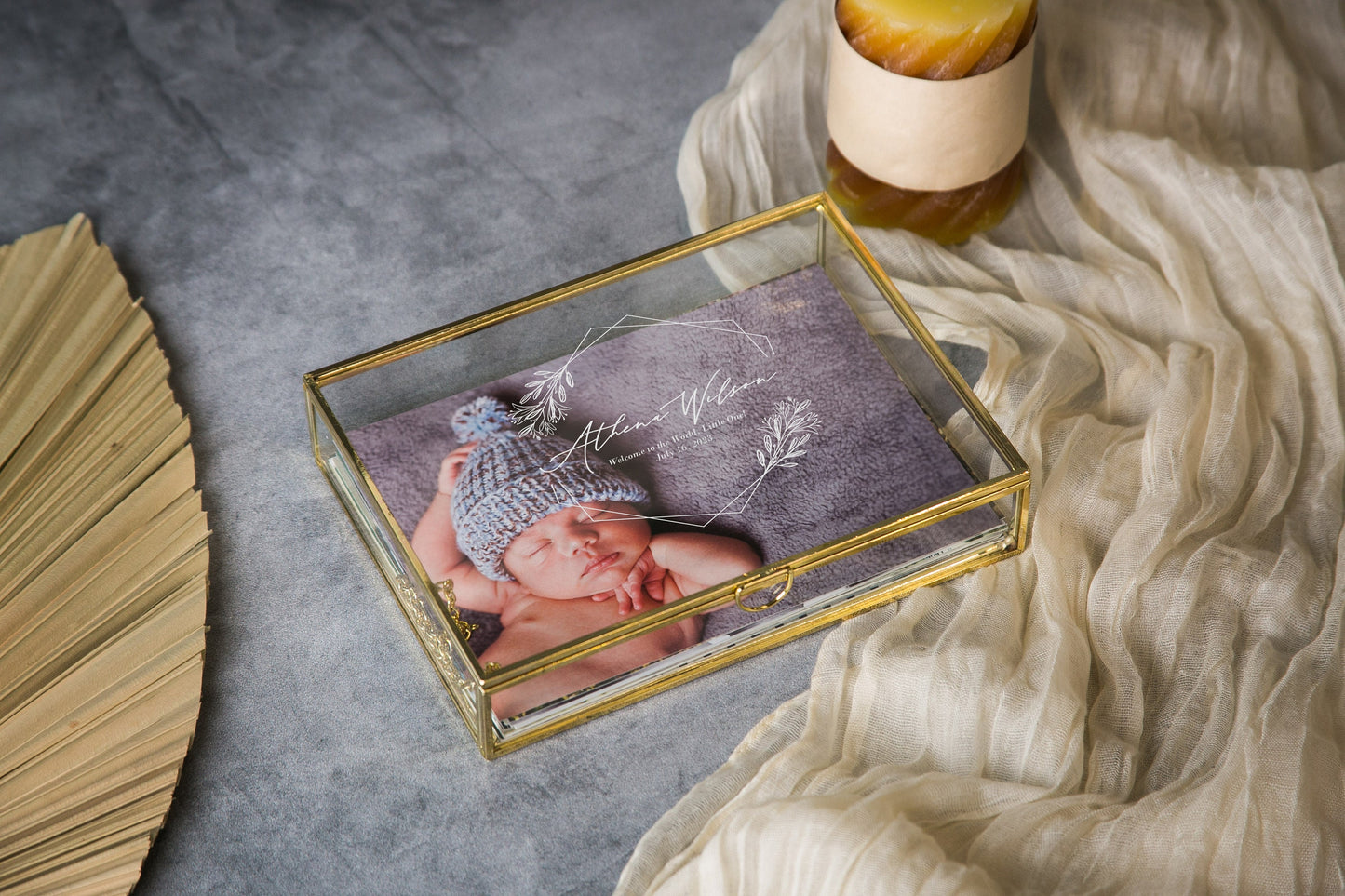 5x7" Gold Glass Photo Box - Baby Picture Keepsake Box with Optional Photo Mats, Personalized First Baby Shower Milestone Gift for Mom & Dad