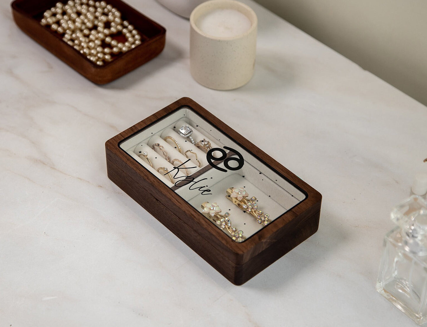 Wood Jewelry Box w/ Glass Lid (Design 3 Black) - Custom Zodiac Horoscope Constellation Sign Unique Birthday Gift for Astrology Enthusiast