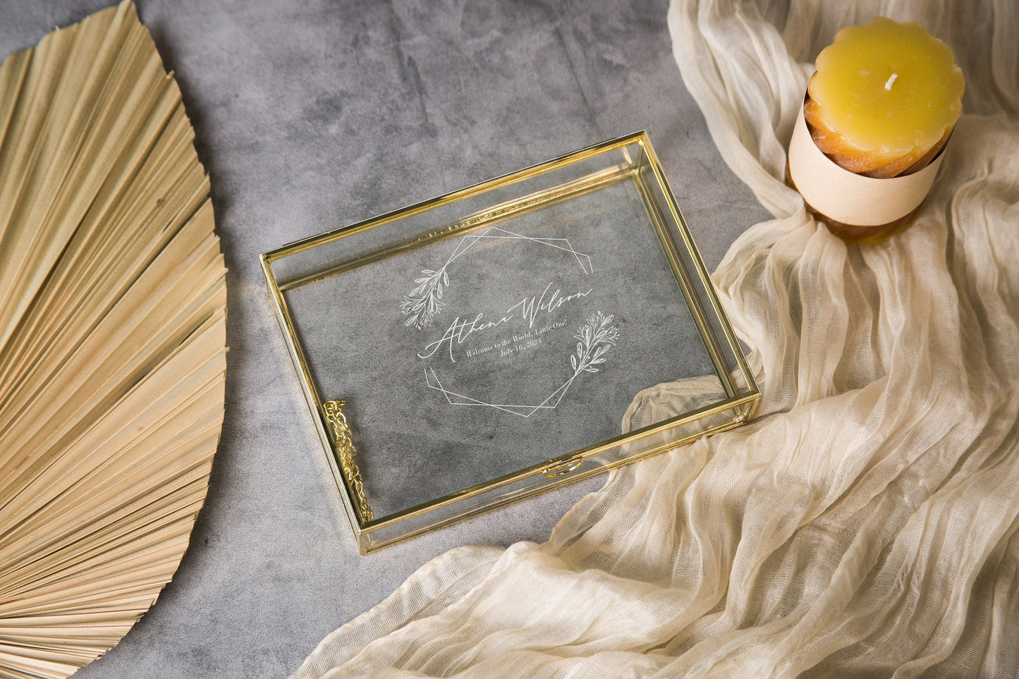 5x7" Gold Glass Photo Box - Baby Picture Keepsake Box with Optional Photo Mats, Personalized First Baby Shower Milestone Gift for Mom & Dad