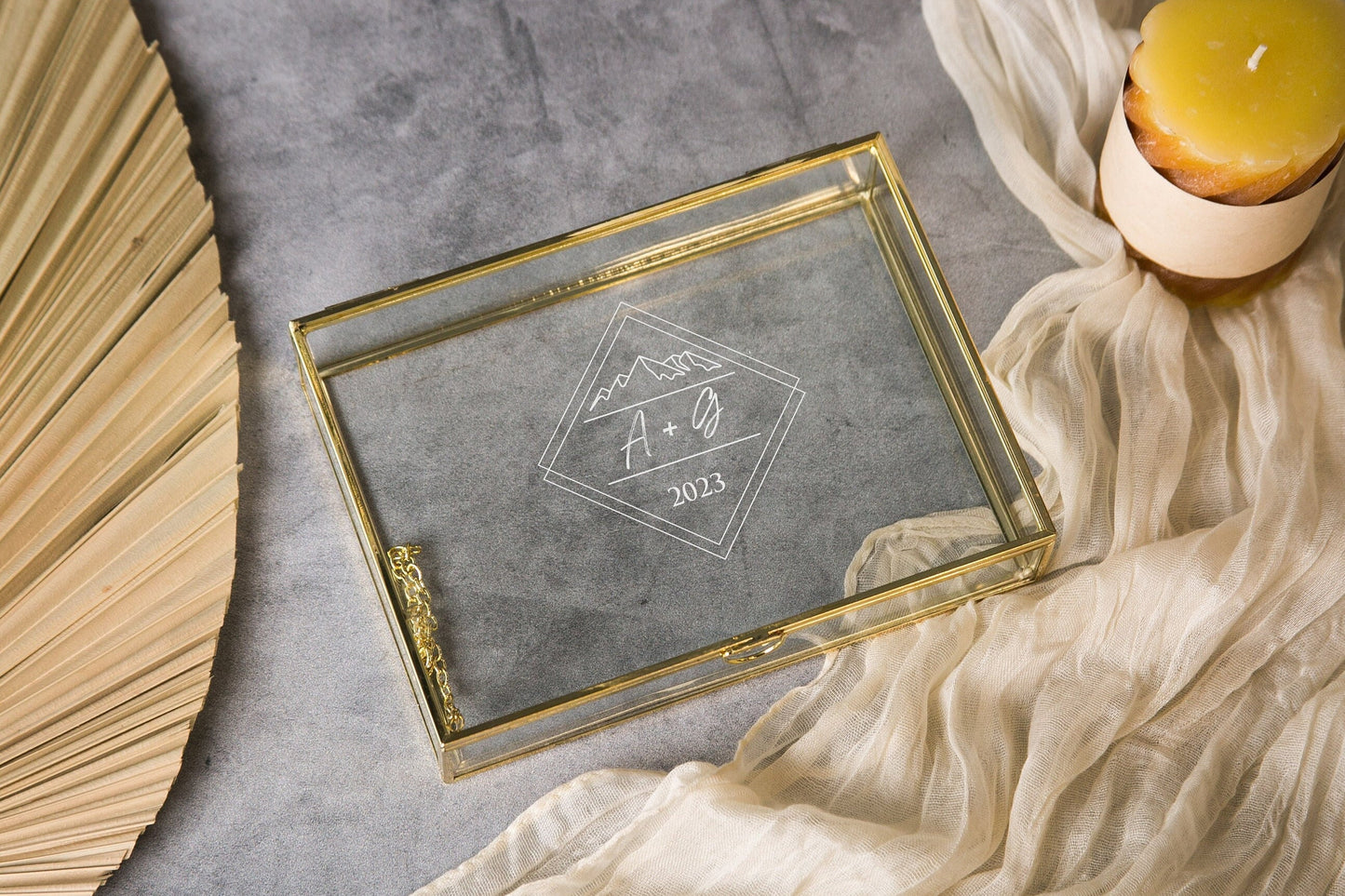5x7" Gold Glass Photo Box - Clear Travel Adventure Memory Keepsake Box w/ Optional Photo Mats Wedding Engagement Gift for Couple Bride Groom
