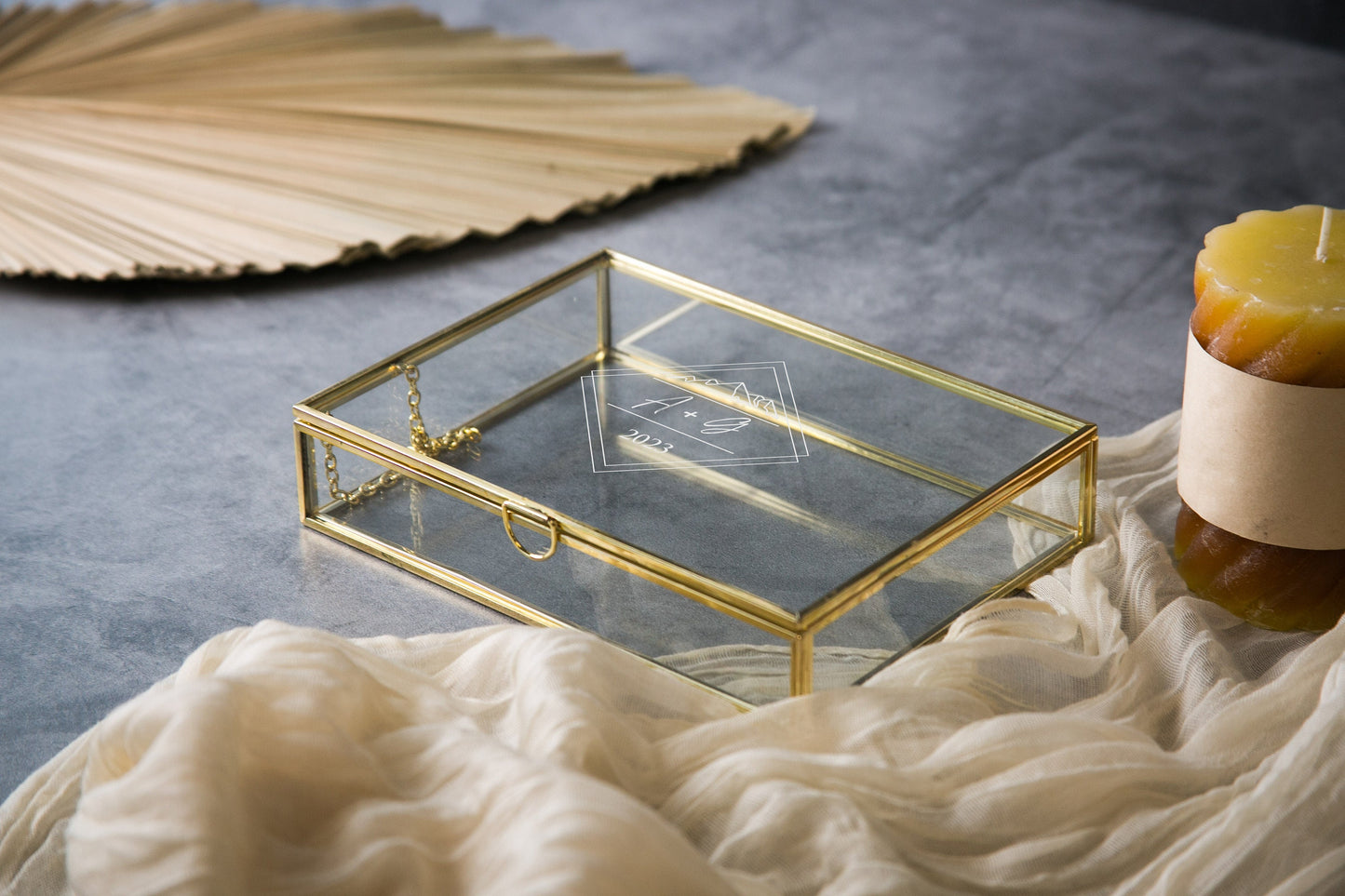 5x7" Gold Glass Photo Box - Clear Travel Adventure Memory Keepsake Box w/ Optional Photo Mats Wedding Engagement Gift for Couple Bride Groom