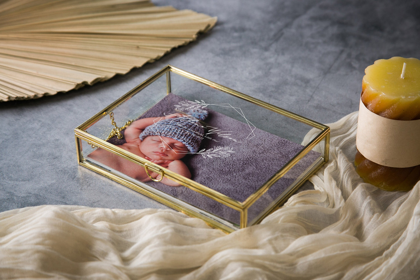 5x7" Gold Glass Photo Box - Baby Picture Keepsake Box with Optional Photo Mats, Personalized First Baby Shower Milestone Gift for Mom & Dad