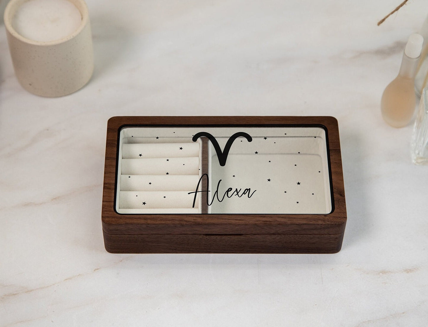 Wood Jewelry Box w/ Glass Lid (Design 3 Black) - Custom Zodiac Horoscope Constellation Sign Unique Birthday Gift for Astrology Enthusiast