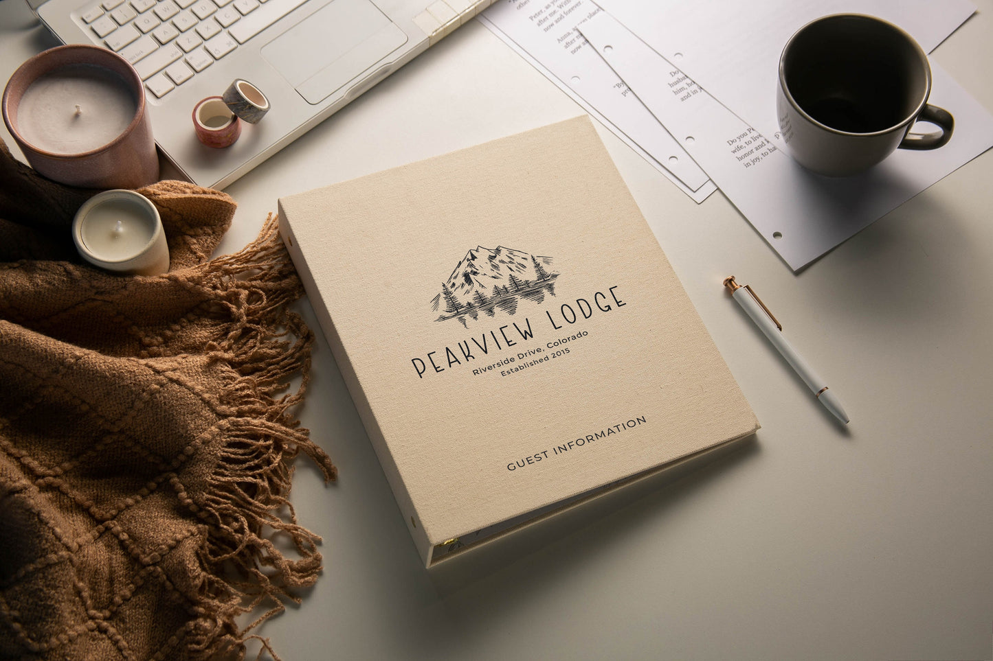 Rental 3 Ring Linen Binder (Design 3) - Refillable Welcome Book, DIY Blank Binder, Guest Information Airbnb Cabin, Rental Guestbook
