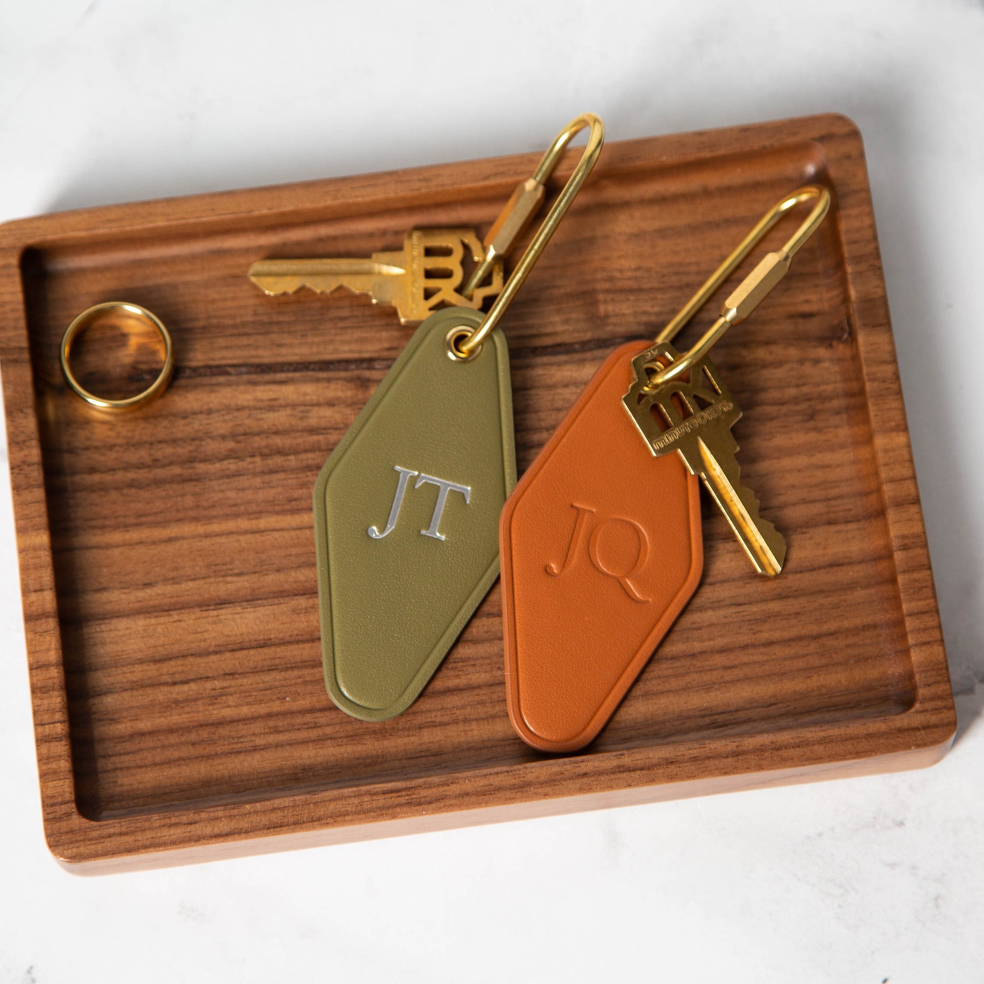 Embossed Diamond Leather Keychain (Initials) - Modern Key Rings, Custom Monogrammed Vintage Style Personalized Hotel Motel Office Key Chains