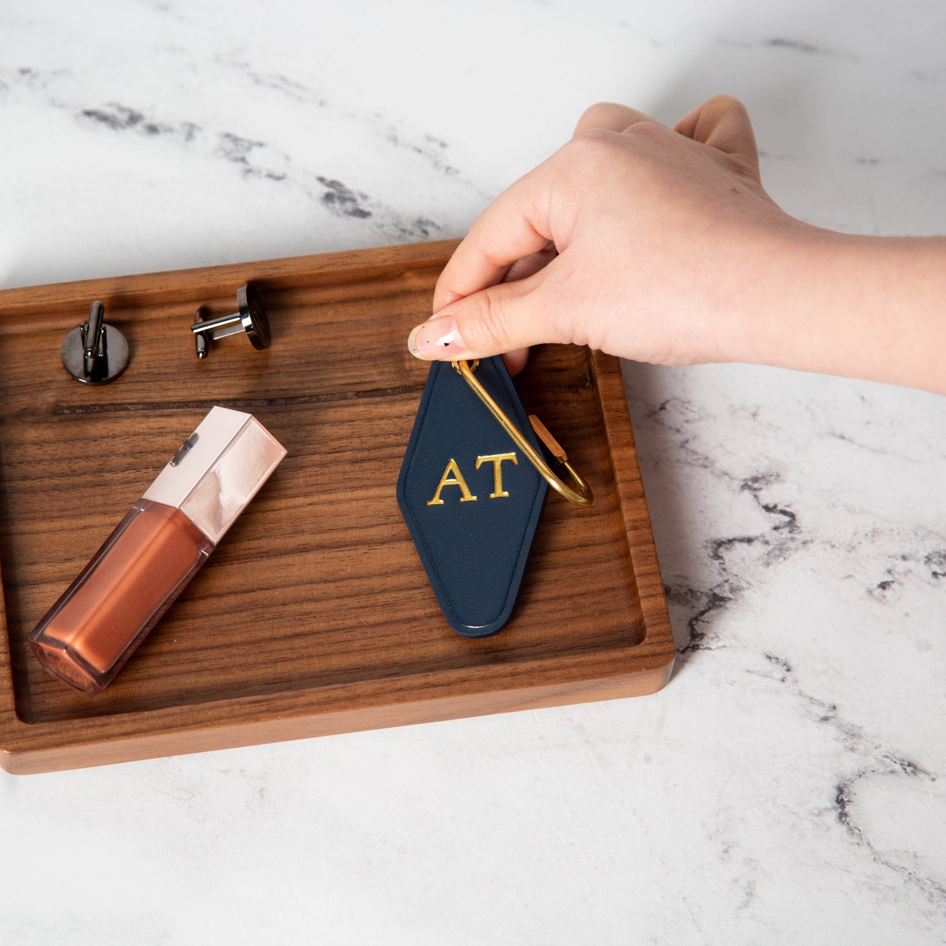 Embossed Diamond Leather Keychain (Initials) - Modern Key Rings, Custom Monogrammed Vintage Style Personalized Hotel Motel Office Key Chains