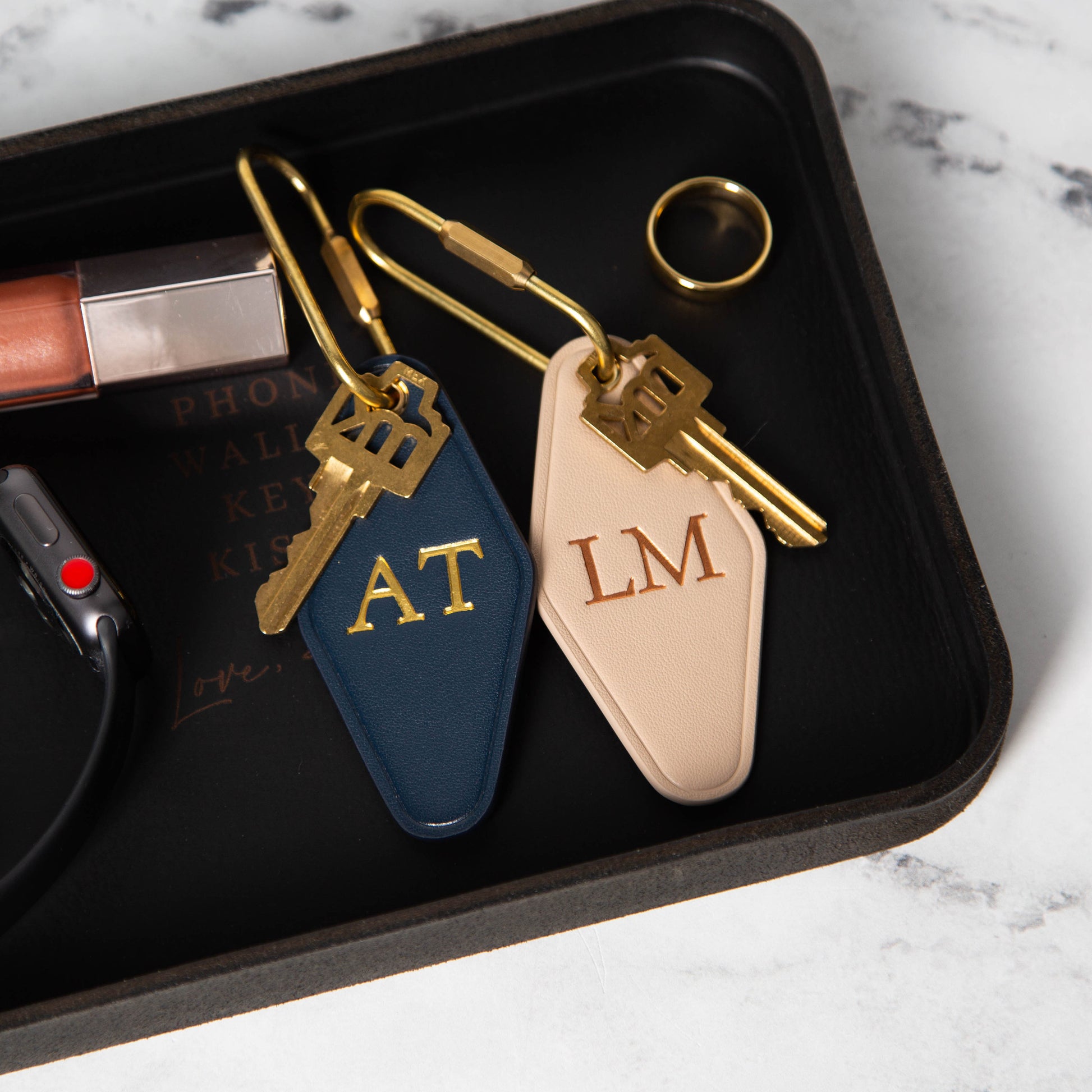 Embossed Diamond Leather Keychain (Initials) - Modern Key Rings, Custom Monogrammed Vintage Style Personalized Hotel Motel Office Key Chains