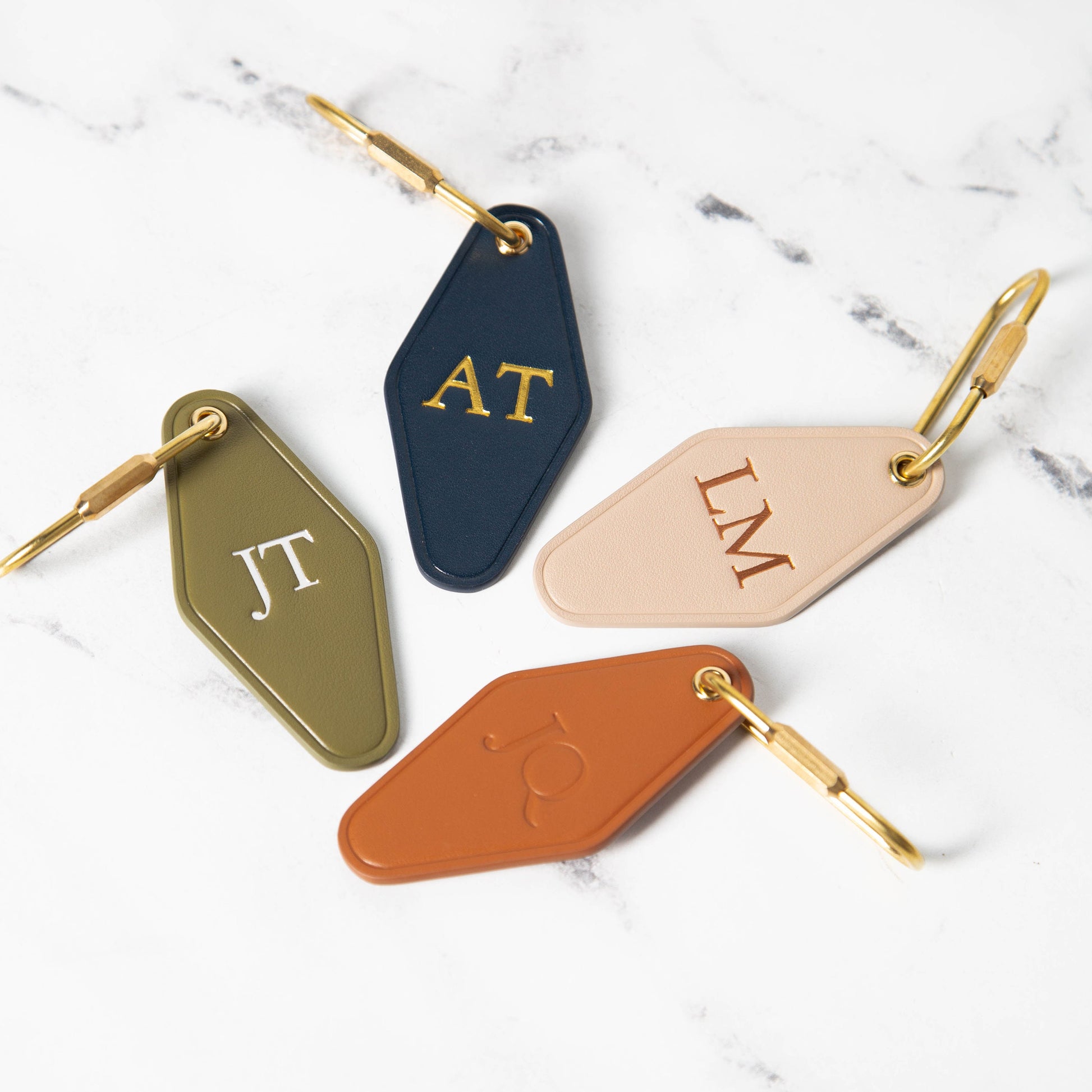 Embossed Diamond Leather Keychain (Initials) - Modern Key Rings, Custom Monogrammed Vintage Style Personalized Hotel Motel Office Key Chains