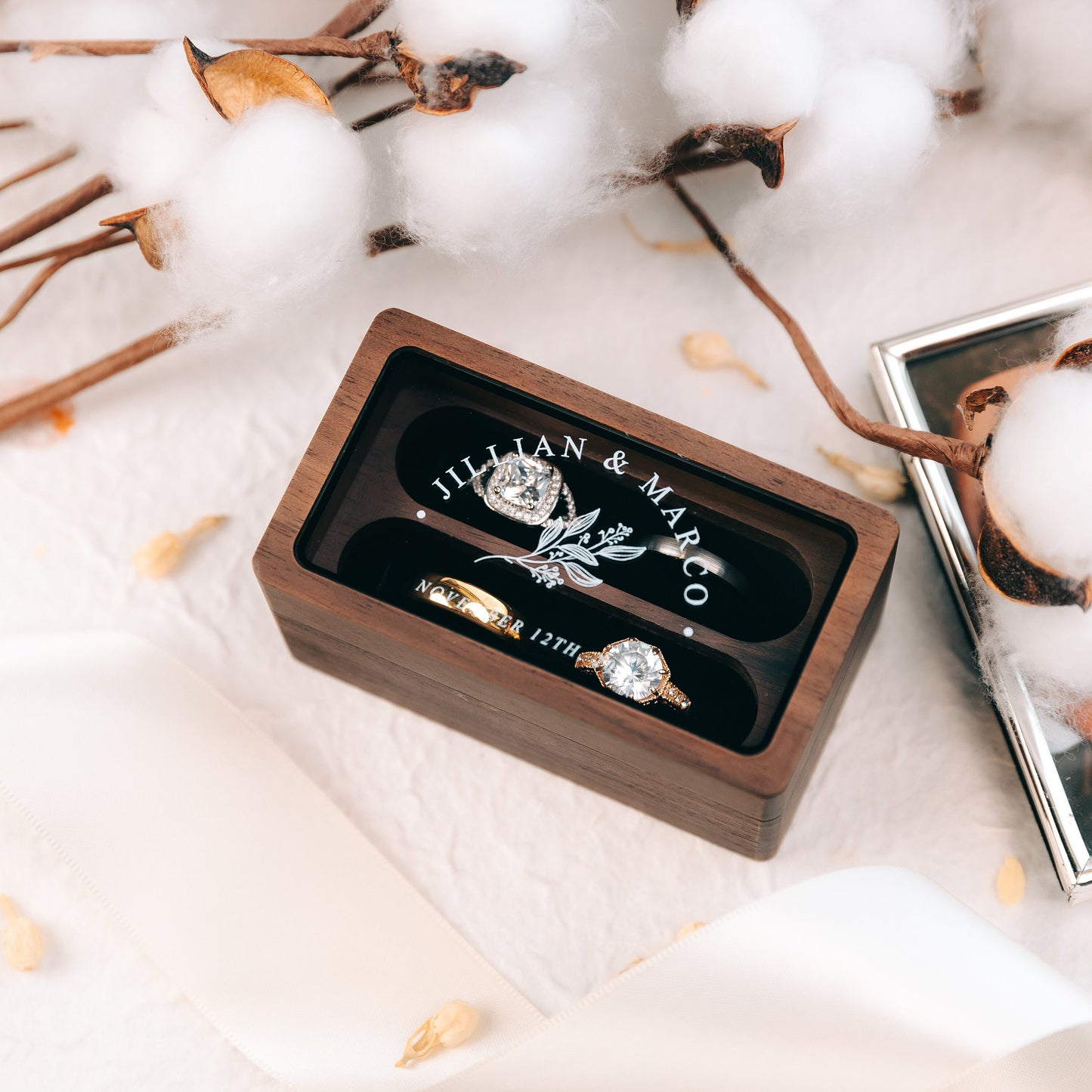 Quad Wood Ring Box w/ Glass Lid - Wide Wood Personalized Four Slot Engagement Wedding Ring Bearer Box Romantic Unique Marriage Proposal Prep