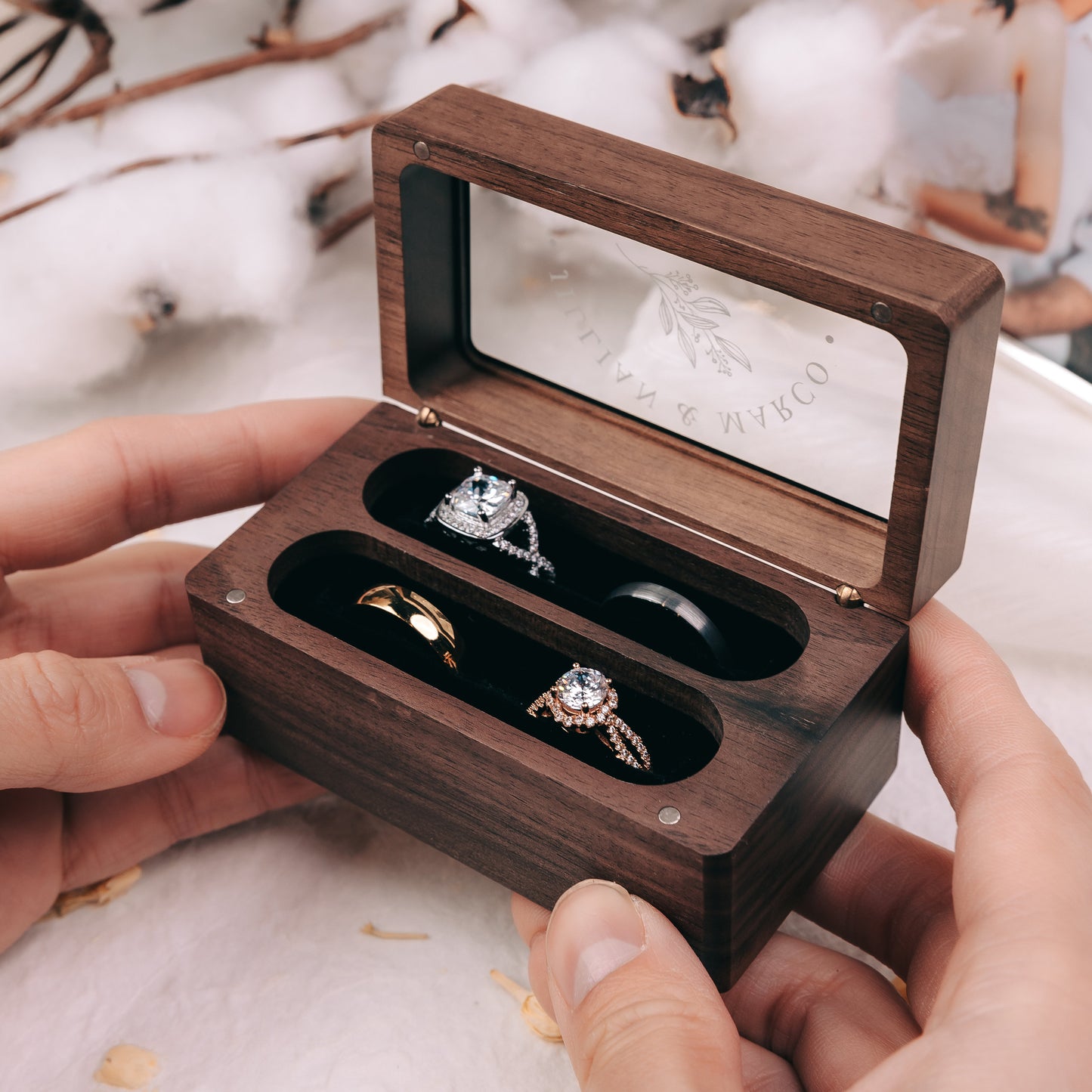 Quad Wood Ring Box w/ Glass Lid - Wide Wood Personalized Four Slot Engagement Wedding Ring Bearer Box Romantic Unique Marriage Proposal Prep
