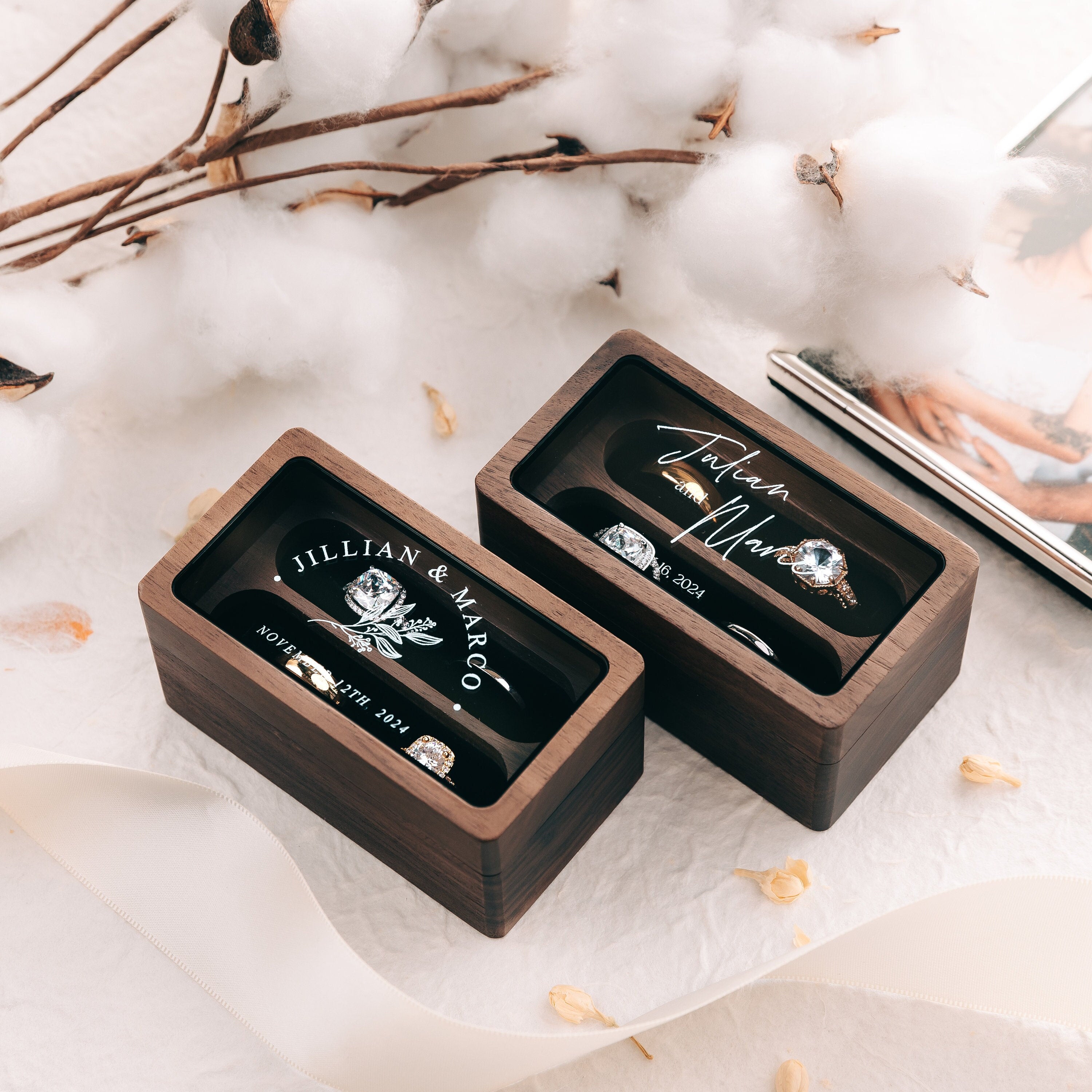 Quad Wood Ring Box w/ Glass Lid - Wide Wood Personalized Four Slot Engagement Wedding Ring Bearer Box Romantic Unique Marriage Proposal Prep
