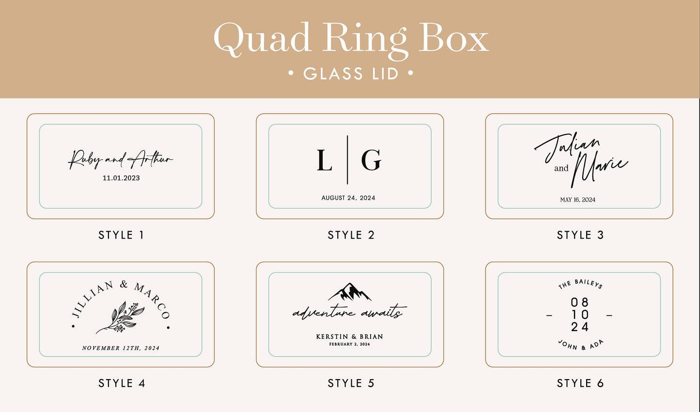 Quad Wood Ring Box w/ Glass Lid - Wide Wood Personalized Four Slot Engagement Wedding Ring Bearer Box Romantic Unique Marriage Proposal Prep