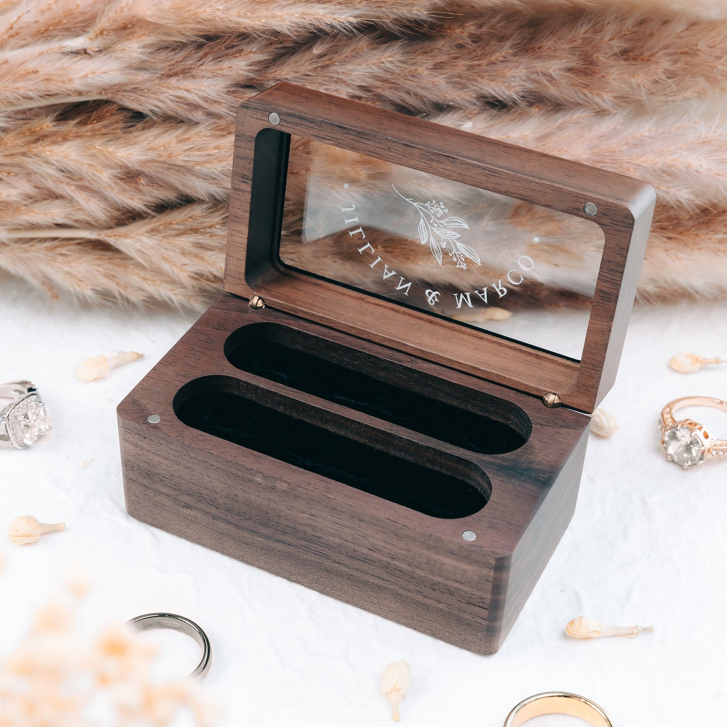 Quad Wood Ring Box w/ Glass Lid - Wide Wood Personalized Four Slot Engagement Wedding Ring Bearer Box Romantic Unique Marriage Proposal Prep
