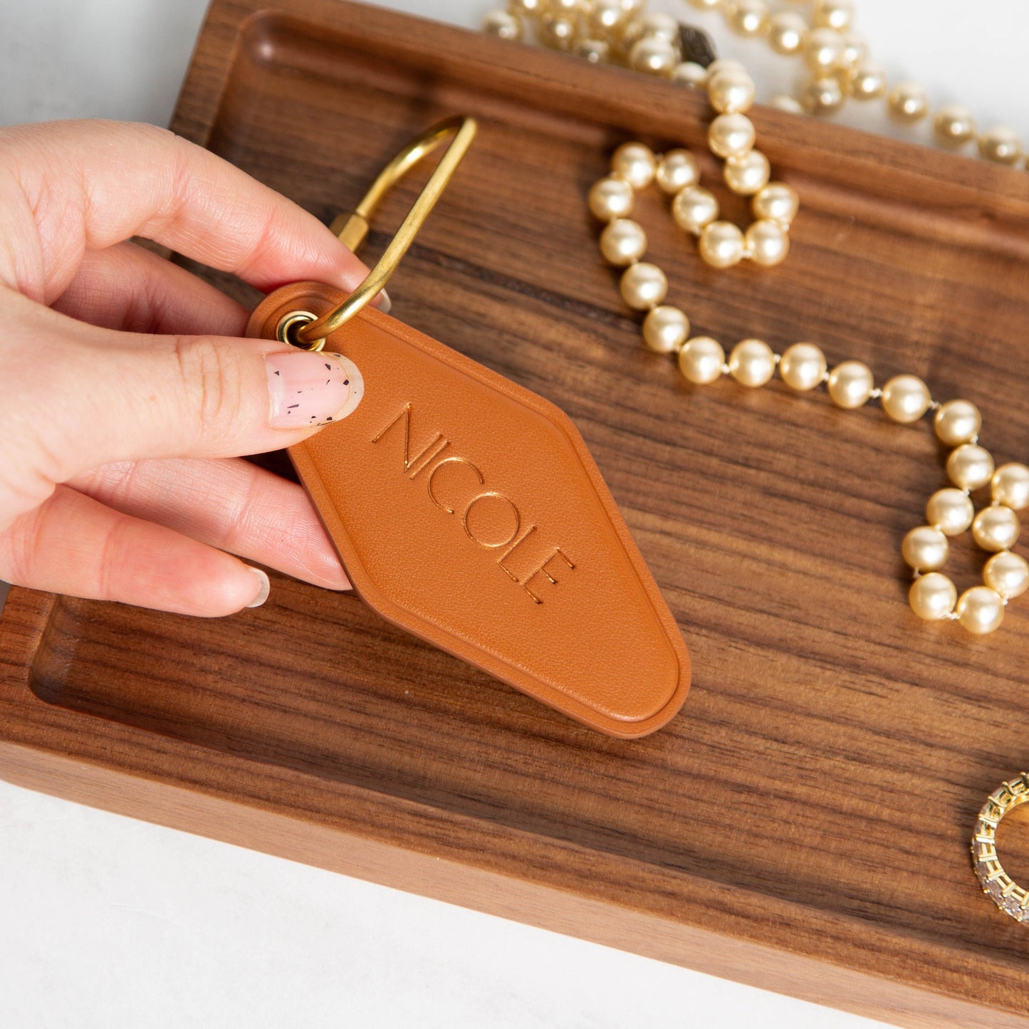 Embossed Name diamond leather keychain w/ tassel - modern luxury key chain fob, travel luggage bag tag, vintage style motel office keys ring