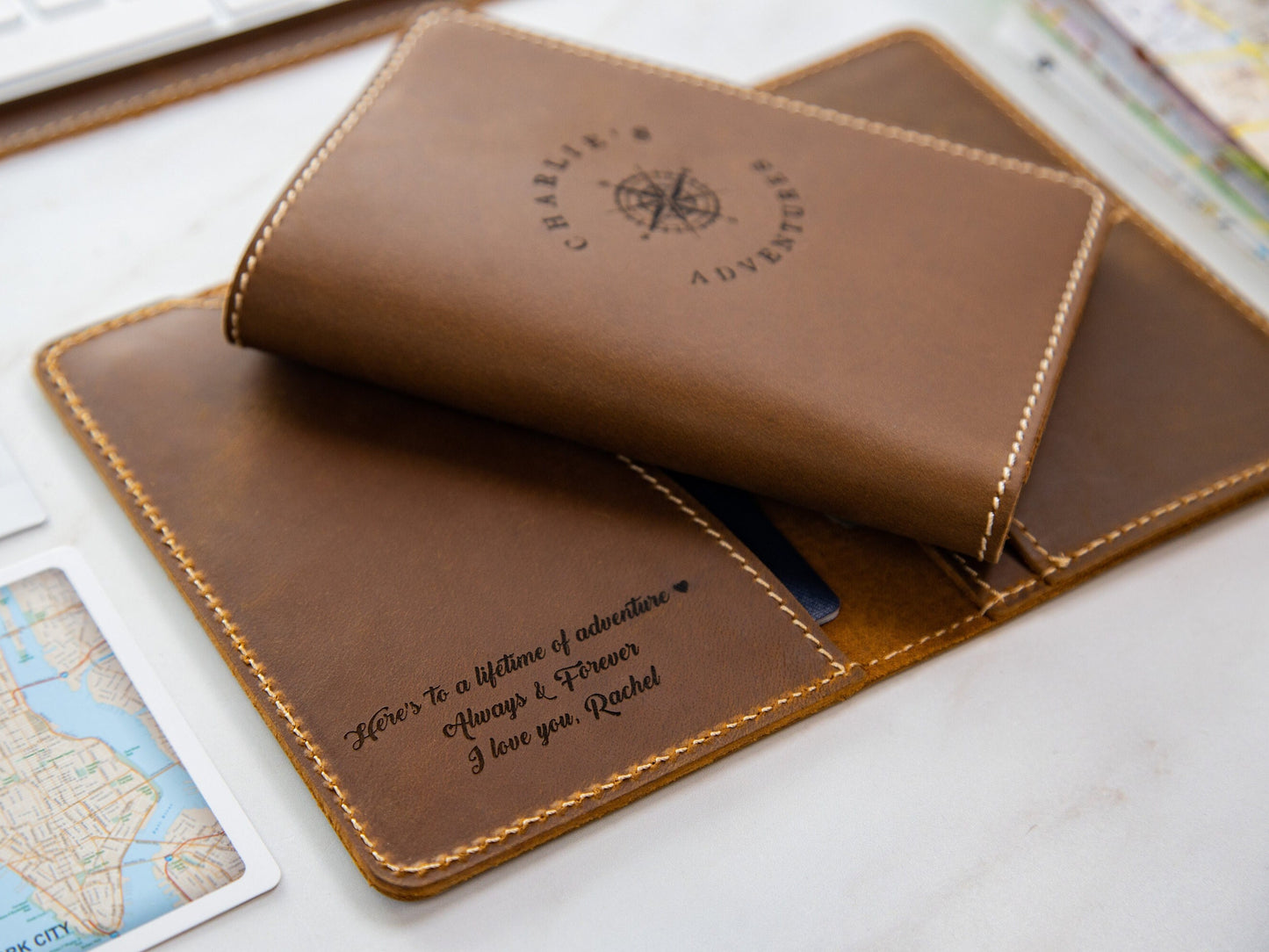 Engraved Passport Holder - leather travel wallet, 3rd wedding leather anniversary gift, wedding gift for couple, coworker or mom dad gift
