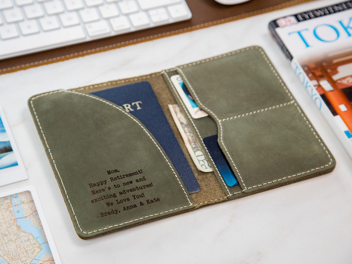 Engraved Passport Holder - leather travel wallet, 3rd wedding leather anniversary gift, wedding gift for couple, coworker or mom dad gift