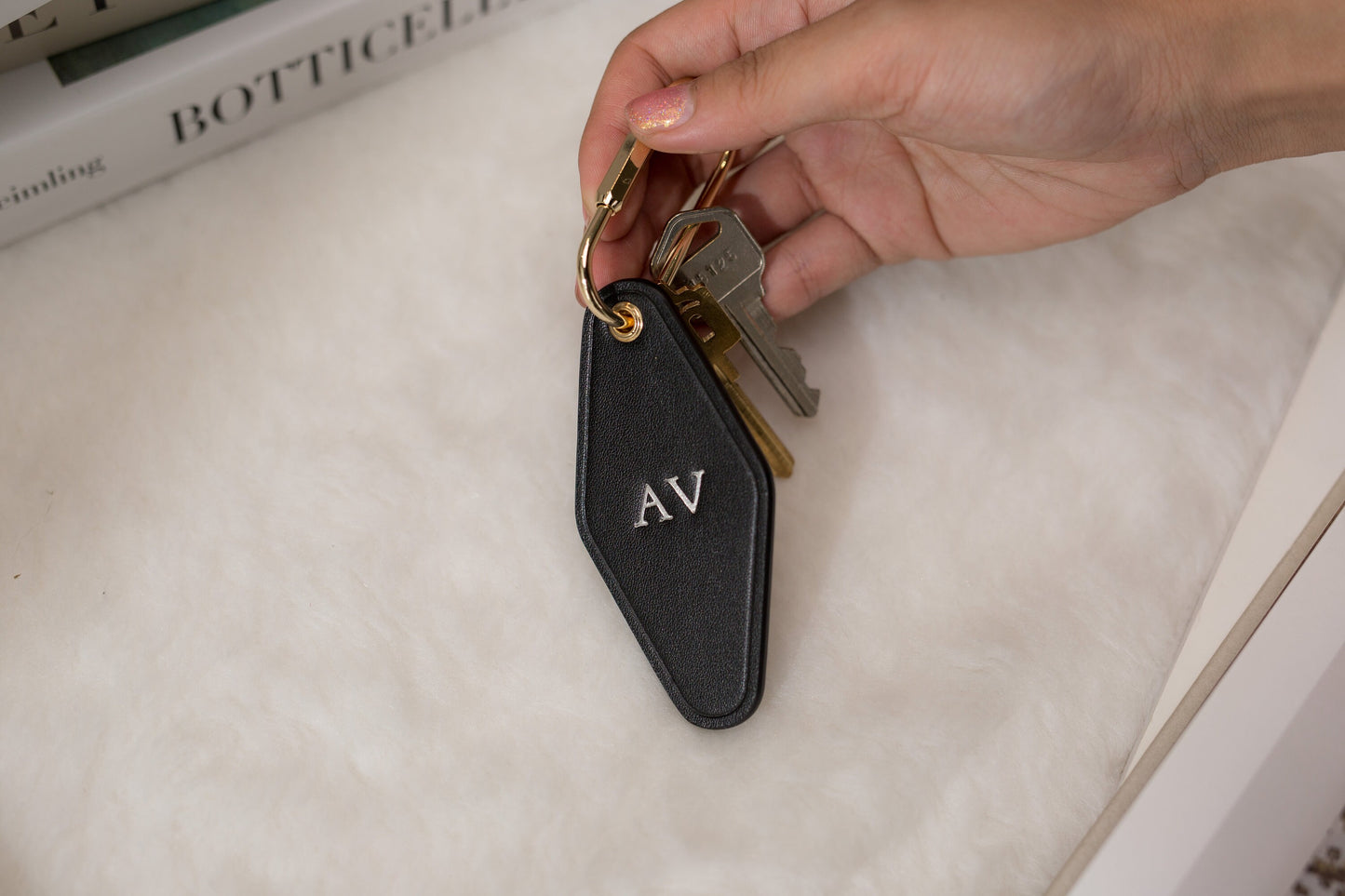 Embossed Diamond Leather Keychains (Small Initials) - Customized Key Chain Fob Holder Wedding Honeymoon Bride and Groom Matching Keychains