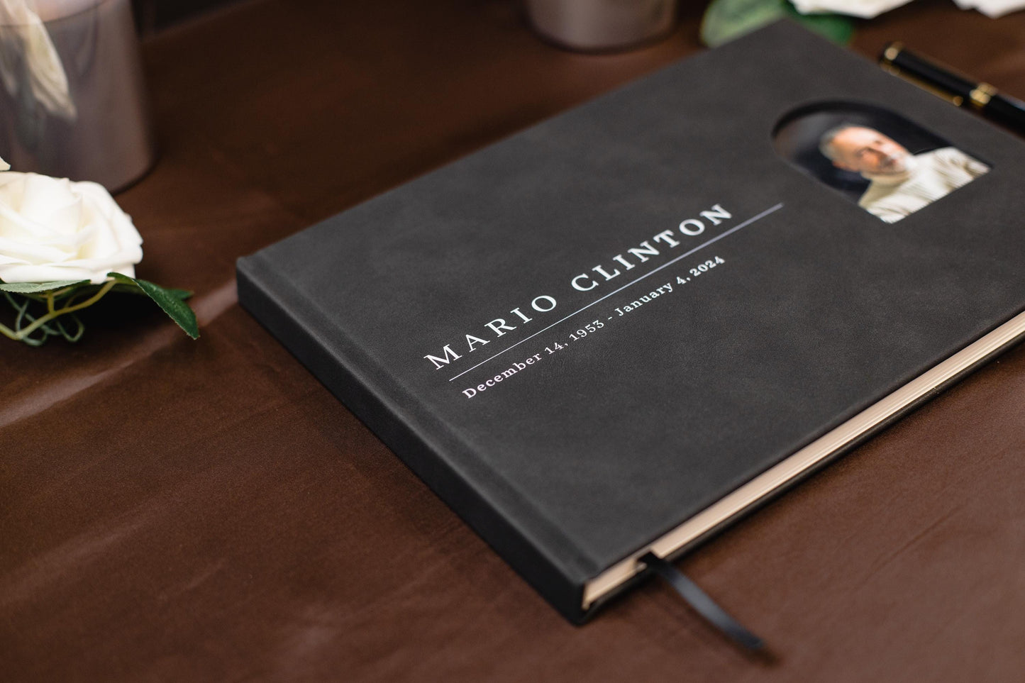Funeral Guest Book with Photo Cover (Black - Design 2) - Memorial Sign In Guest Book, Dad Grandpa Grief Keepsake, Celebration of Life Wake