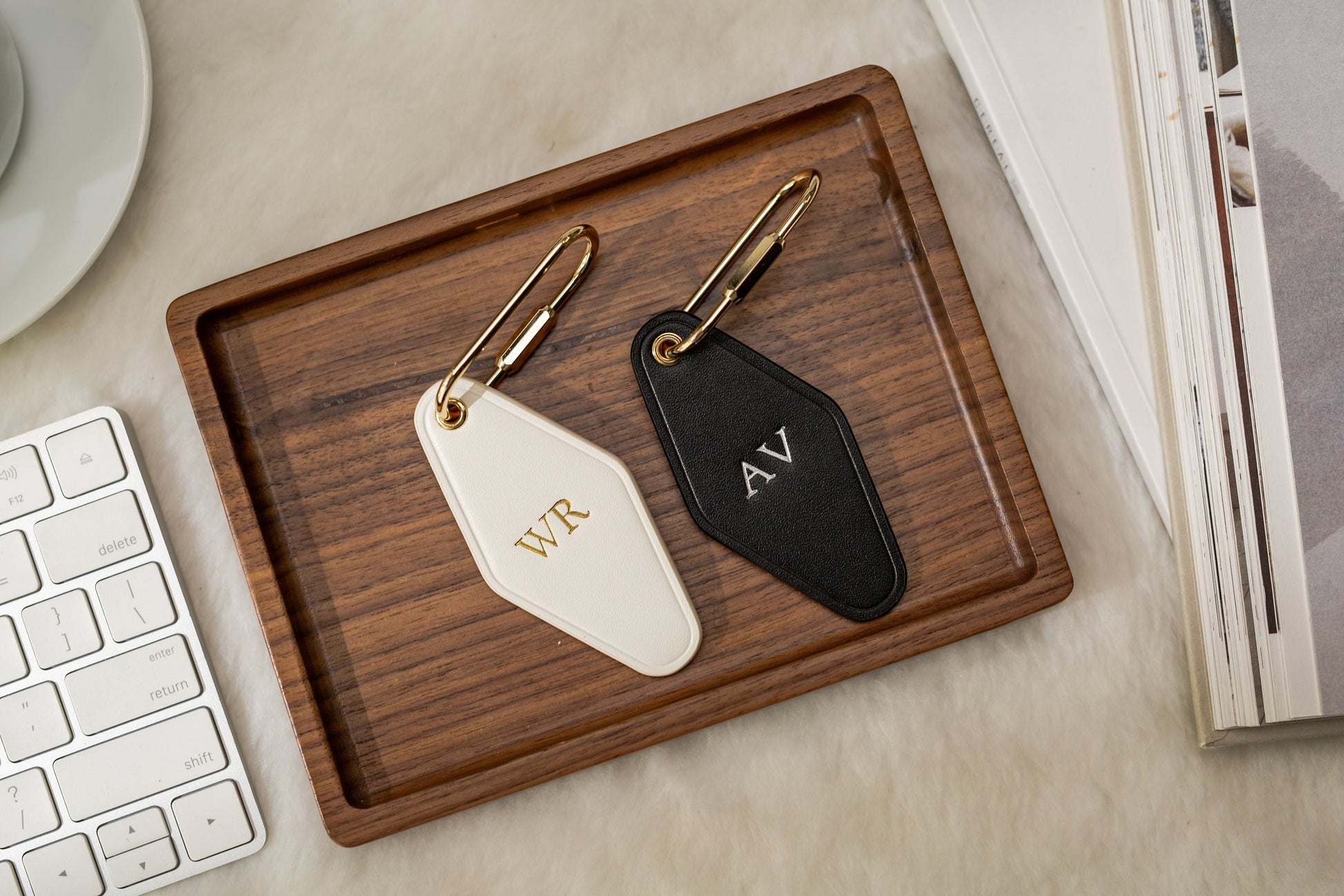 Embossed Diamond Leather Keychains (Small Initials) - Customized Key Chain Fob Holder Wedding Honeymoon Bride and Groom Matching Keychains