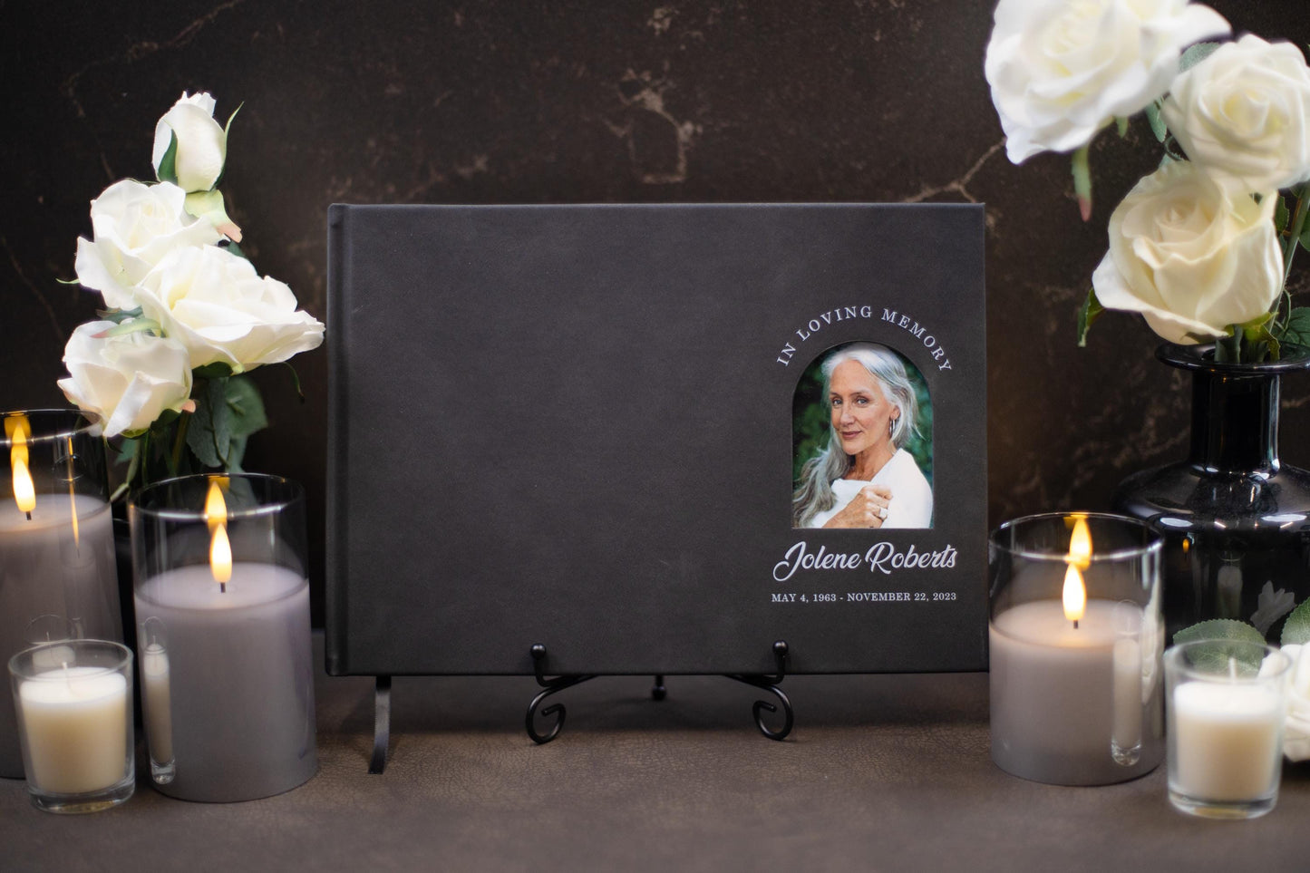 Funeral Guest Book with Photo Cover (Black - Design 1) - In Loving Memory Celebration of Life Memorial Registry Book Hard Cover