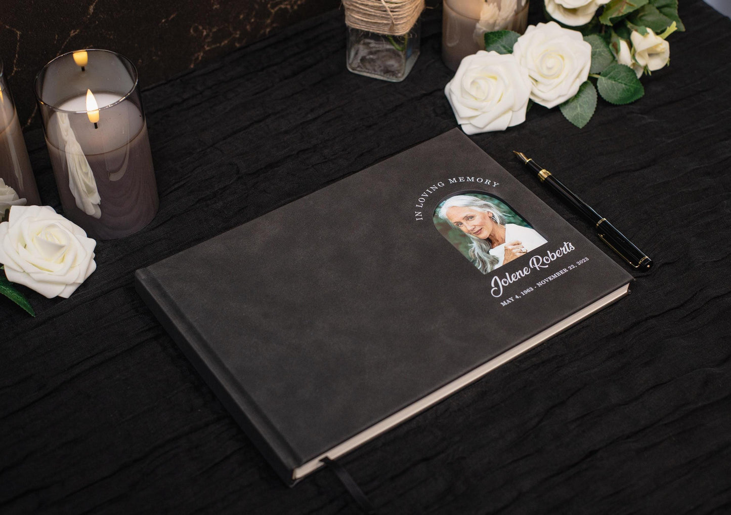 Funeral Guest Book with Photo Cover (Black - Design 1) - In Loving Memory Celebration of Life Memorial Registry Book Hard Cover