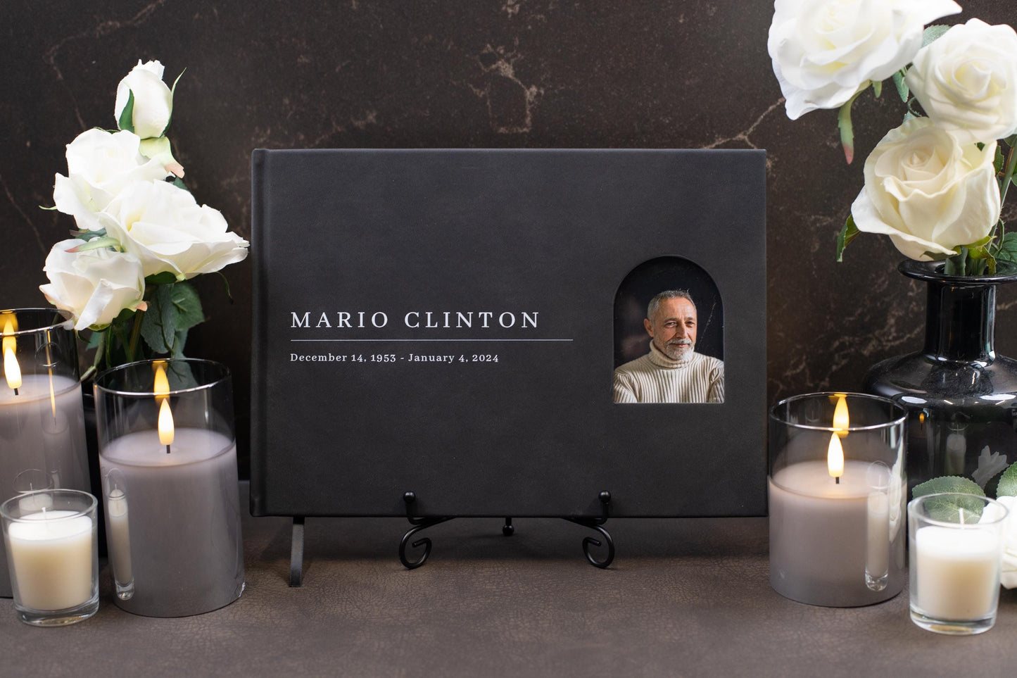 Funeral Guest Book with Photo Cover (Black - Design 2) - Memorial Sign In Guest Book, Dad Grandpa Grief Keepsake, Celebration of Life Wake