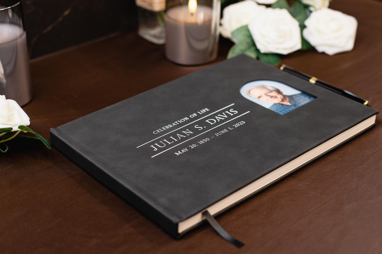Funeral Guest Book with Photo Cover (Black - Design 4) - Celebration of Life, Memorial Service Book, Gift for Loss of Loved One